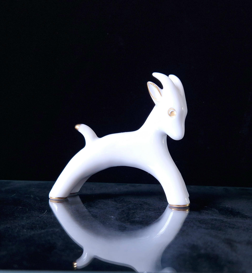 Vintage Fein Bayreuth Sophienthal Germany White & Gold Ram Figurine Abstract Pattern Rare