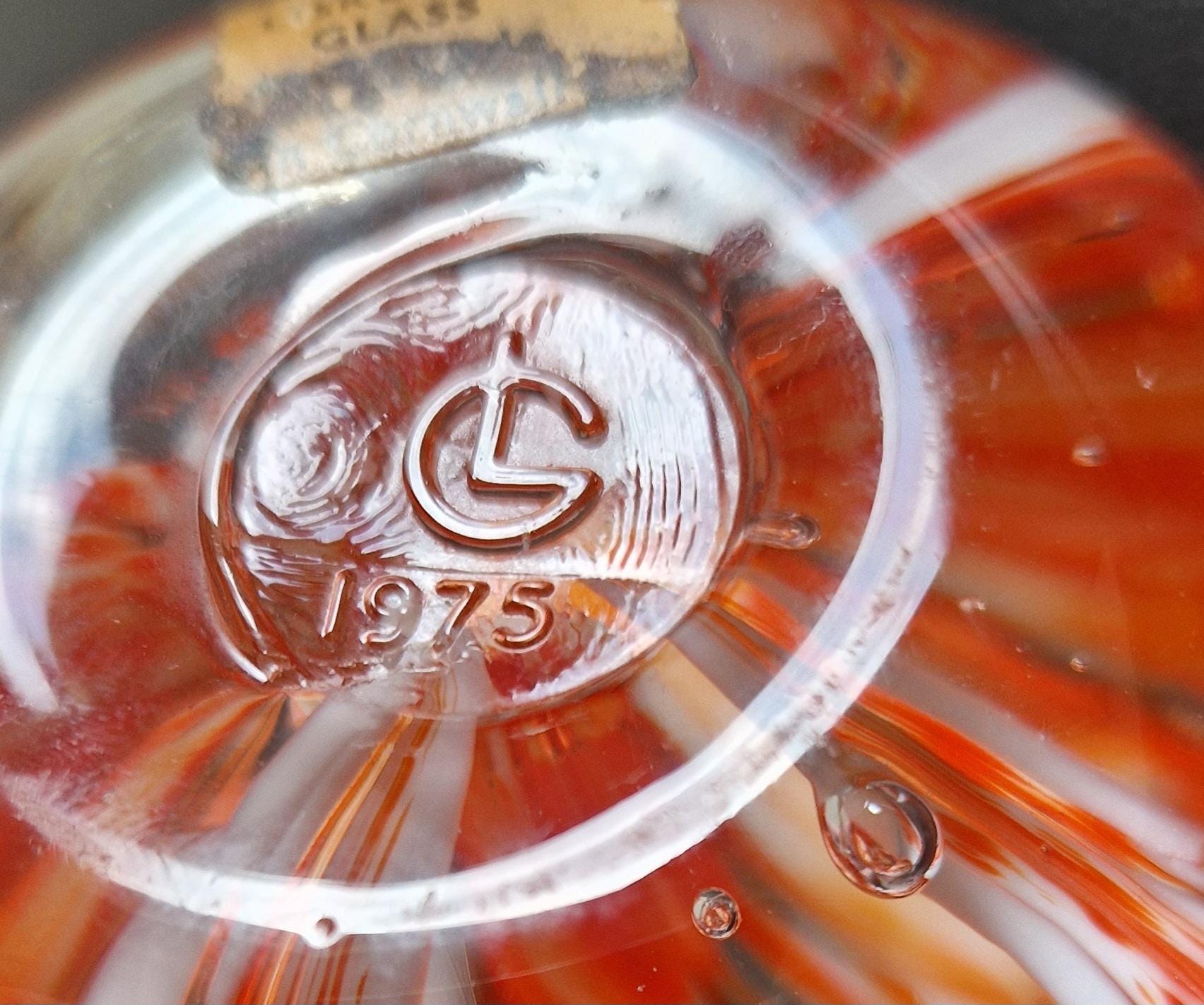 Vintage Rare Liskeard Glass Cornwall Orange & White Bubble Sphere Paperweight 1975