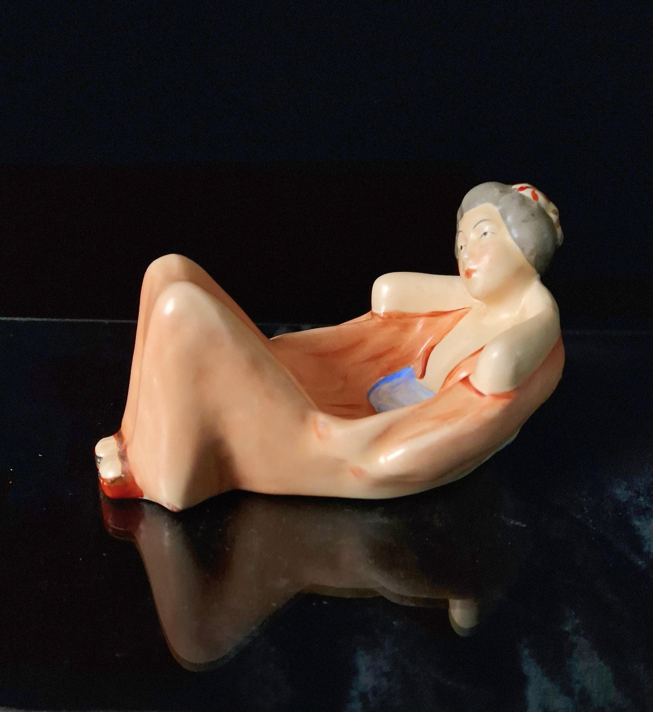 Vintage Czechoslovakian Hand Painted Ceramic Lying Geisha Figural Dish