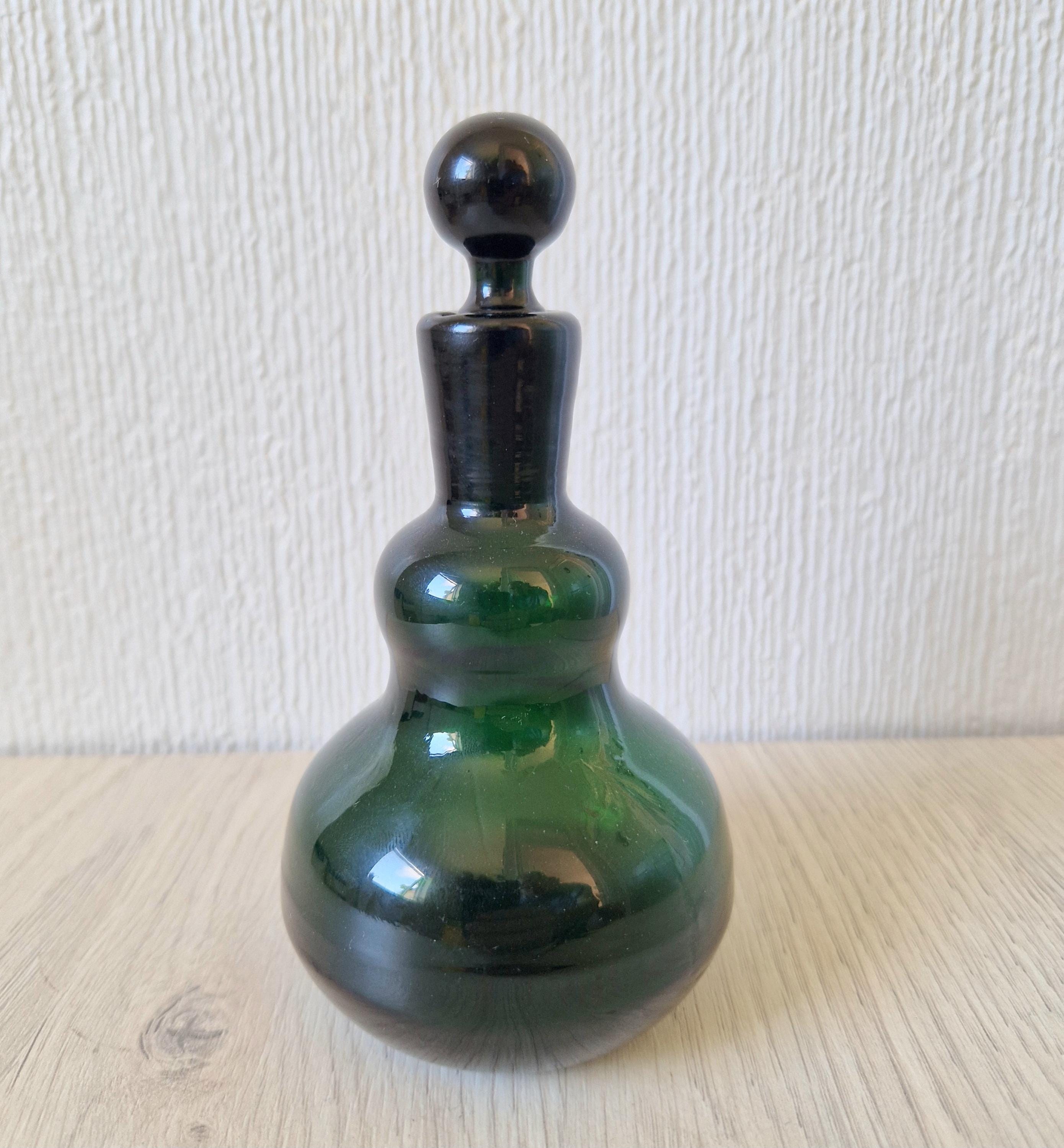 Antique Hand-Blown Dark Green Glass Small Gourd Bottle & Stopper 15cm