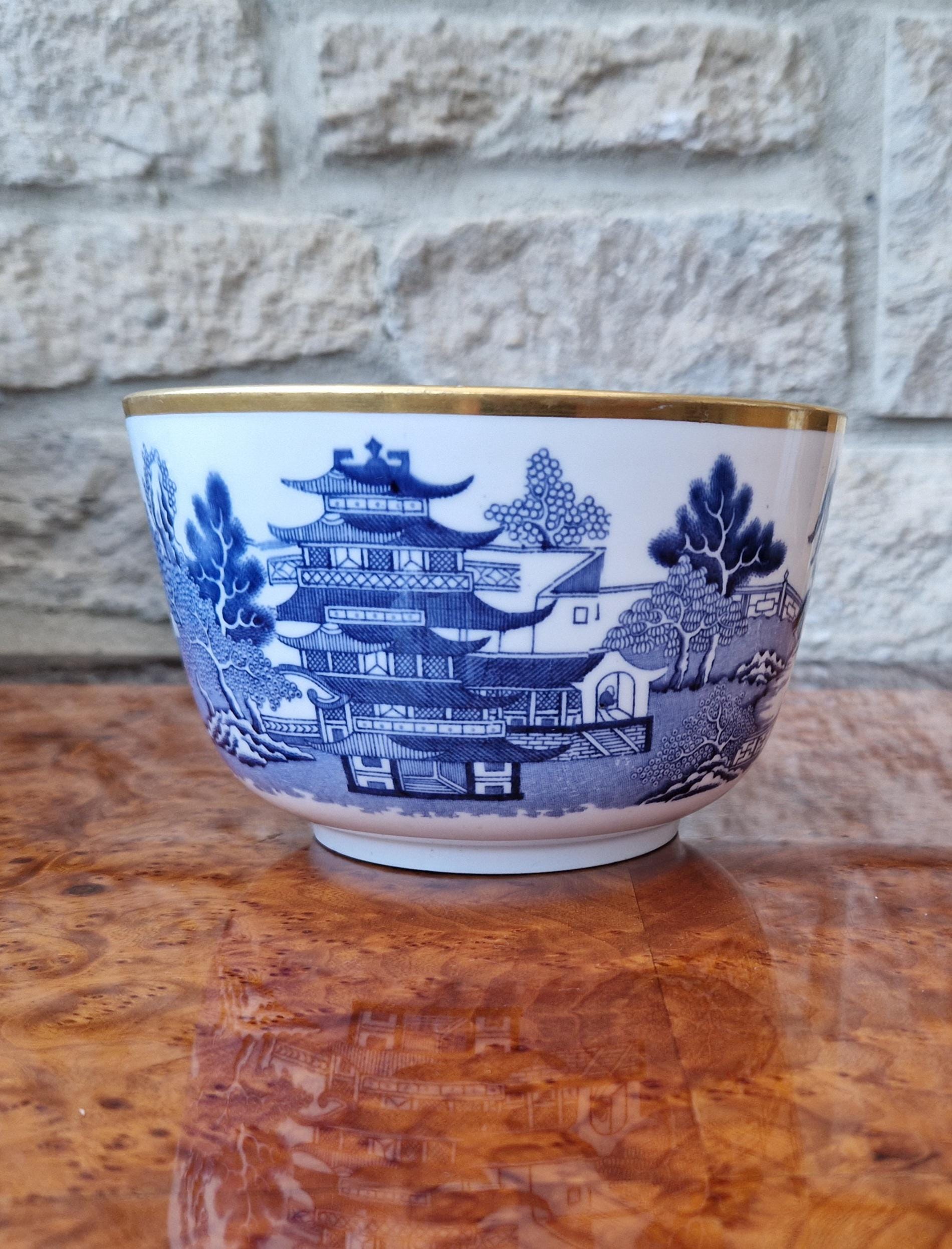 Davenport Longport England Blue & White Gilt Two Temples Porcelain Slop Bowl c.1870-1886