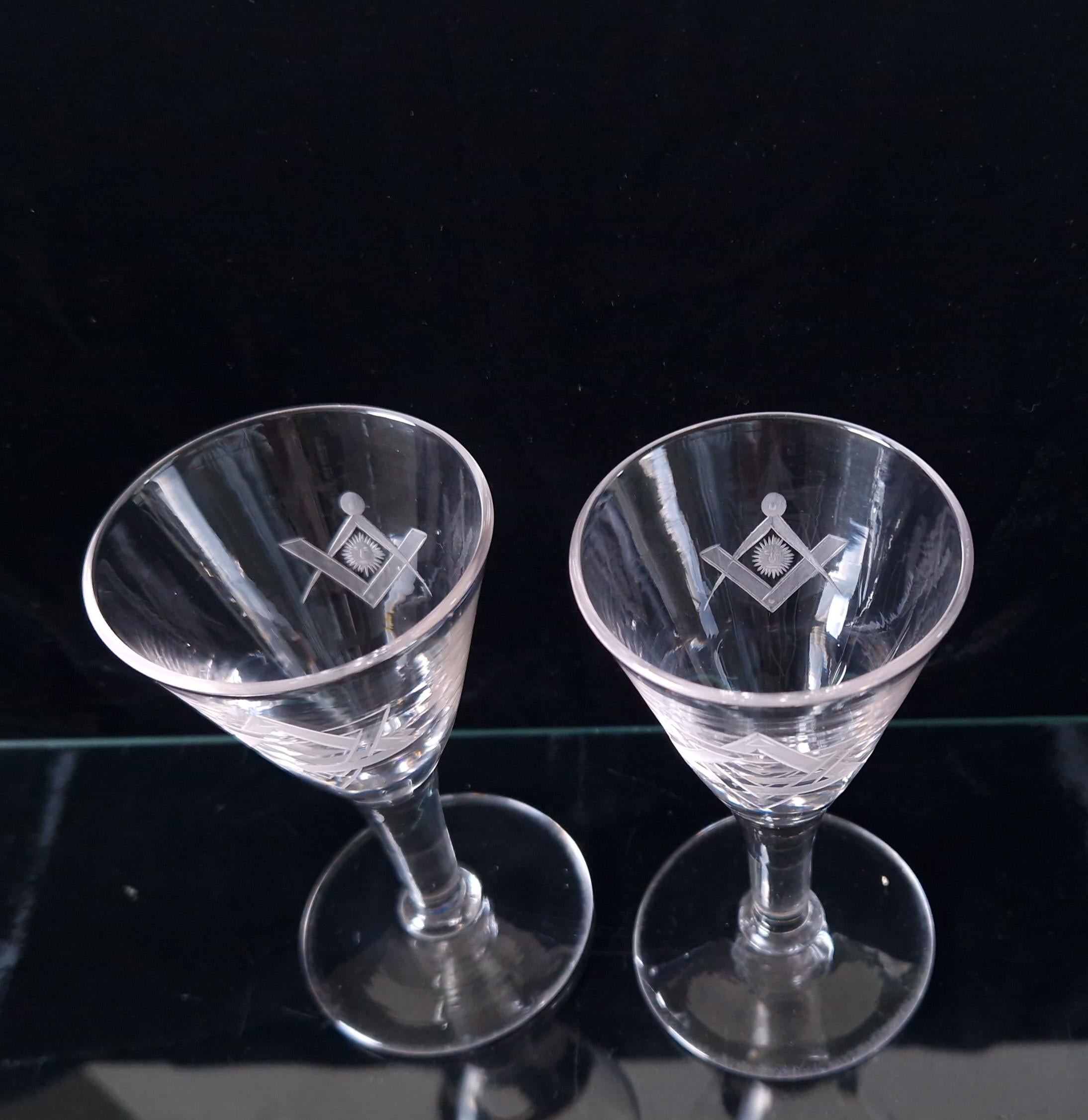 Antique Masonic Port Wine Glasses: 19th Century Engraved Crystal Pair
