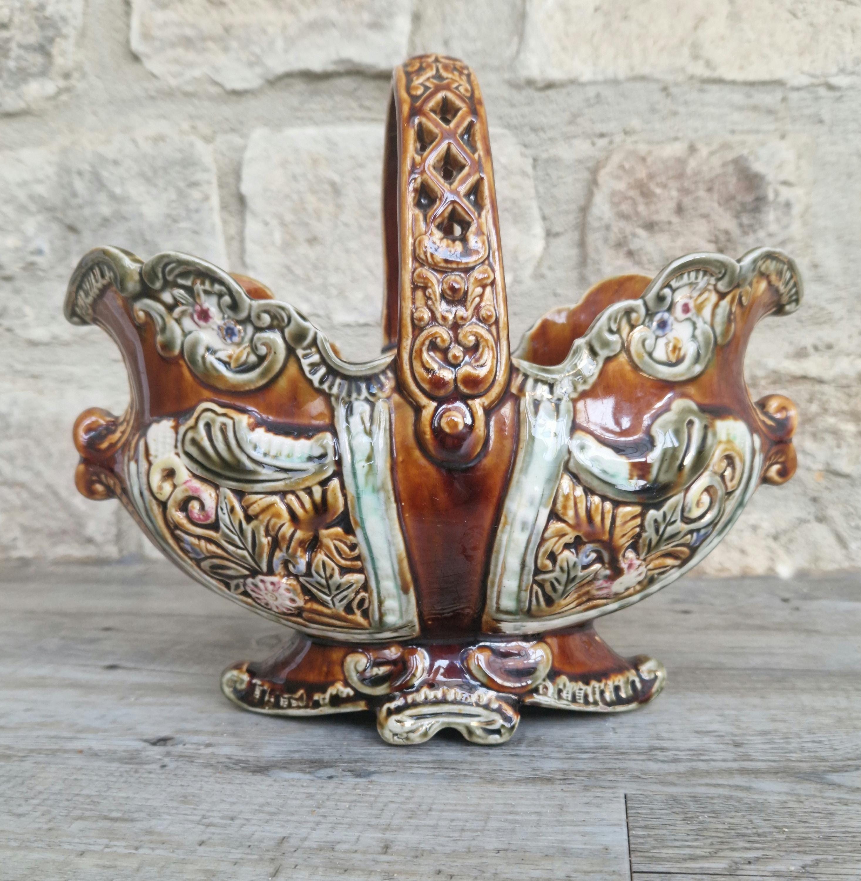 Antique Large Majolica Treacle Glaze Basket Planter Vase