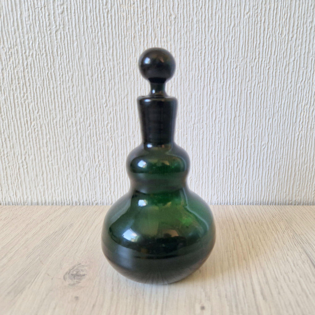 Antique Hand-Blown Dark Green Glass Small Gourd Bottle & Stopper 15cm