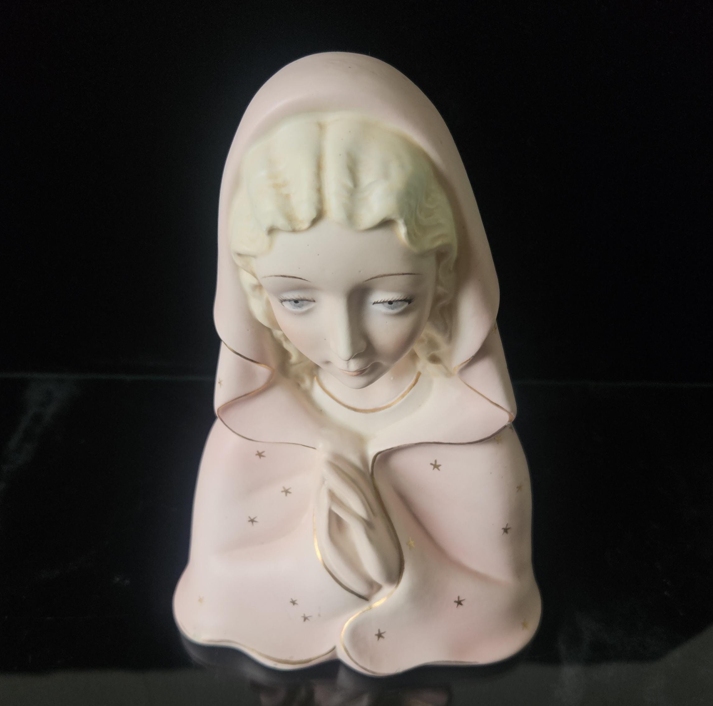 Vintage Virgin Mary Praying Madonna Figure Italian Porcelain Ornament Pink & Gold (17cm) Religous Gift