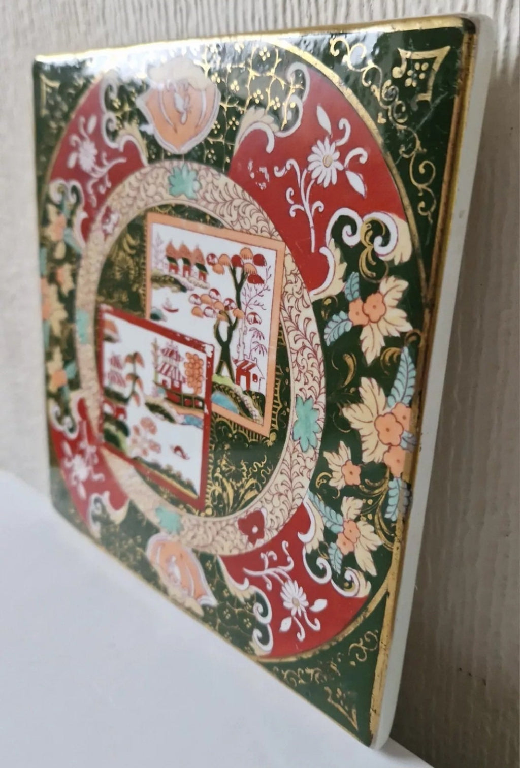 Antique Ashworth Bros. Masons Ironstone Trivet Double Landscape Pattern Square Imari Rare 19th Century
