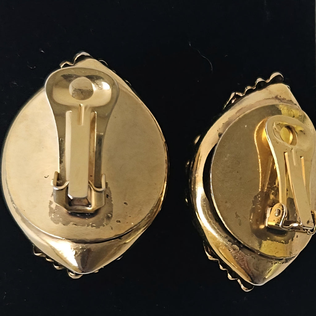 1980s Black Cabochon Clip-On Earrings: Gold Tone Statement Jewelry