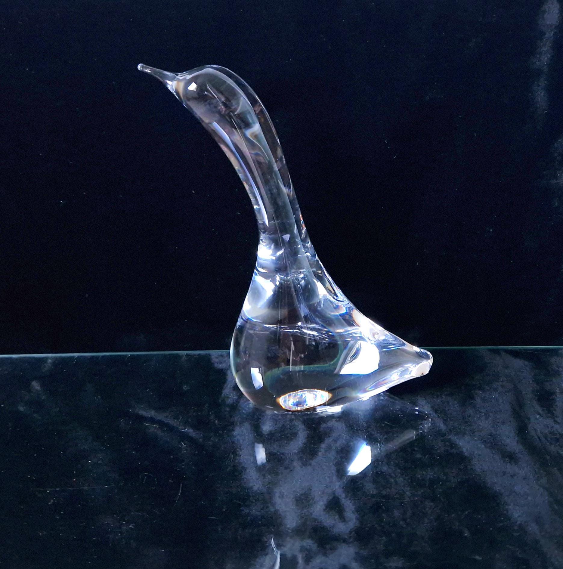 Daum France Crystal Goose Head Up Figure Ornament 19cm Signed Vintage