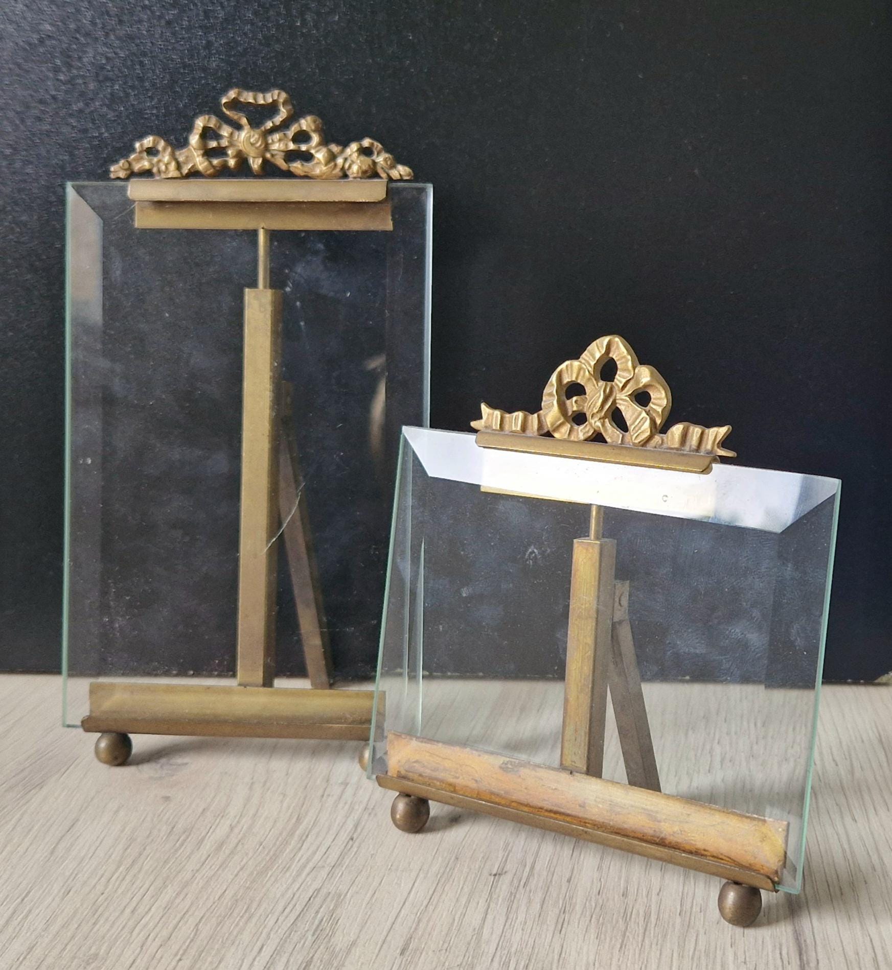 2 x Vintage Small Rectangular Ornate Brass & Bevelled Glass Photo/Display Stands