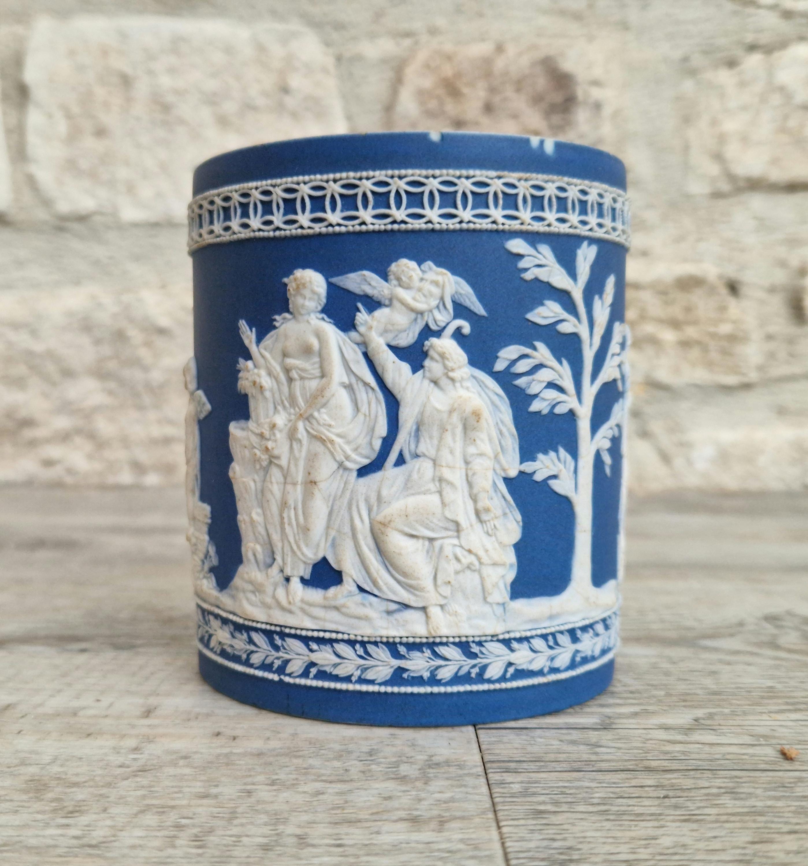 Antique Late 18th-Early 19th C. William Adams Jasperware Neoclassical Blue Sprigged Drum Vase Base