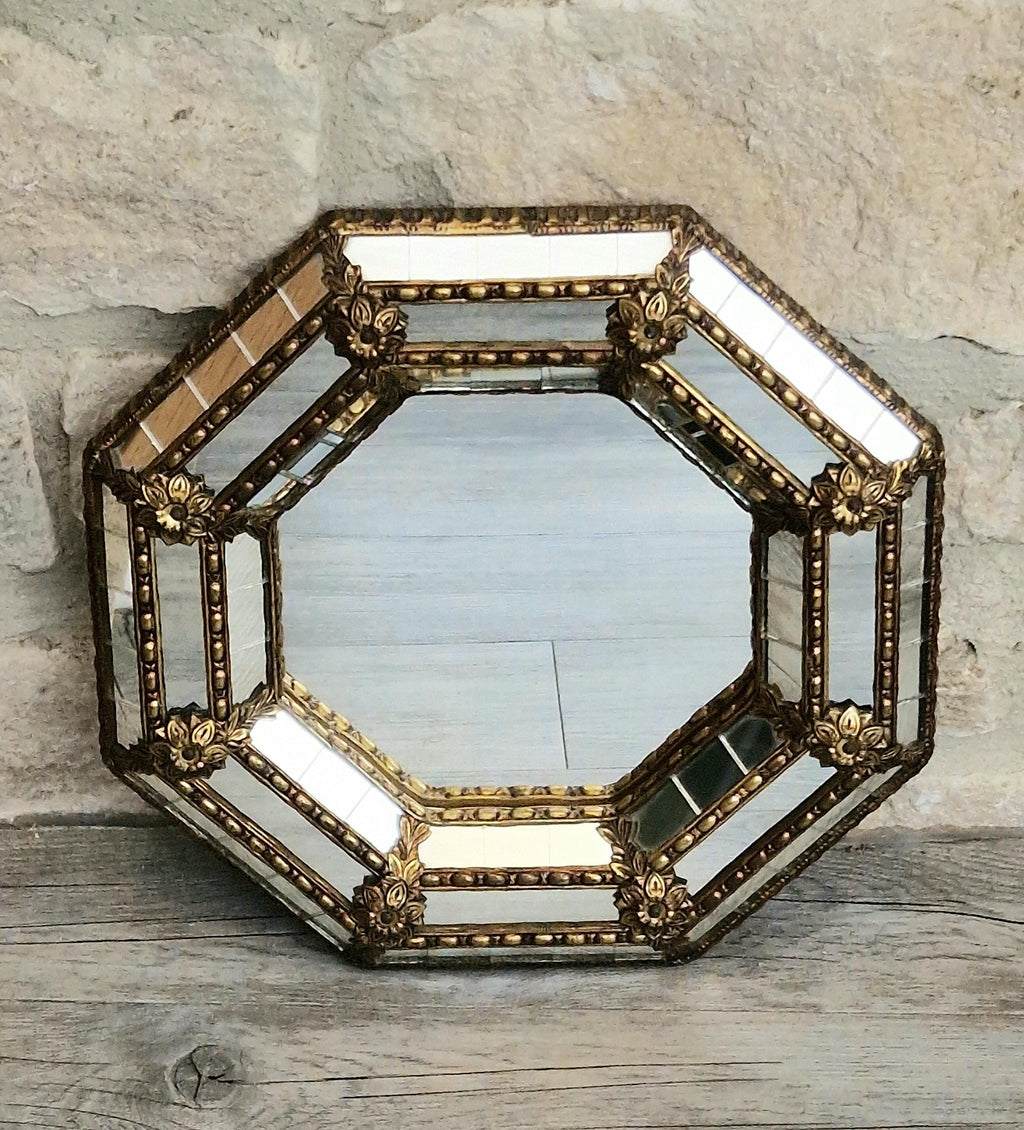 Vintage Small Octagonal Venetian Mirror Hollywood Regency Brass Floral Accents 29.5cm Italy 1970s