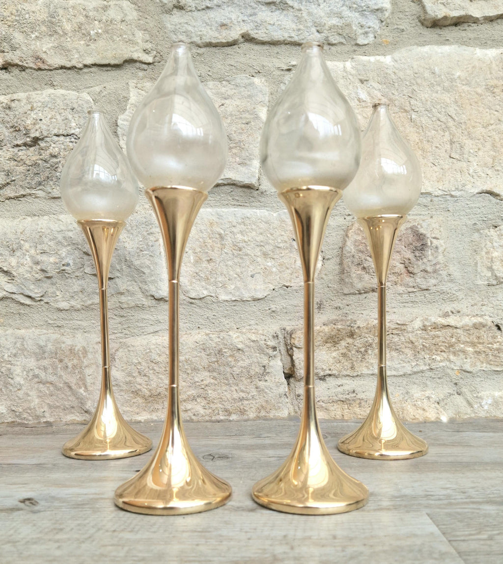 Vintage 4 x Large Brass Freddie Andersen Clear Drop Oil Lamps Germany 1970