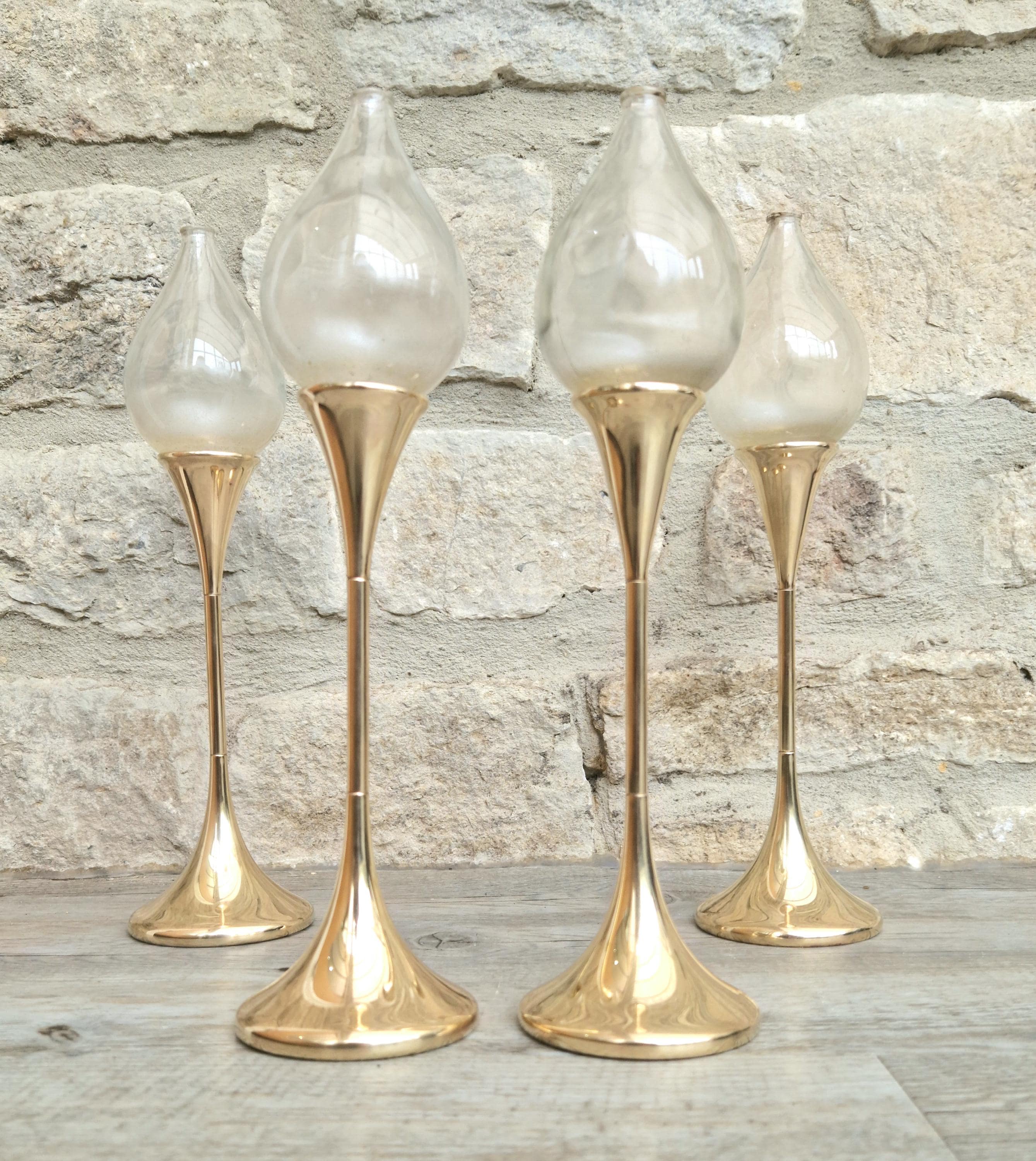 Vintage 4 x Large Brass Freddie Andersen Clear Drop Oil Lamps Germany 1970