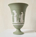 Wedgwood Sage Green Jasperware Arcadian Pedestal Trumpet Mantle Vase - Vintage.Made in England 17cm Tall