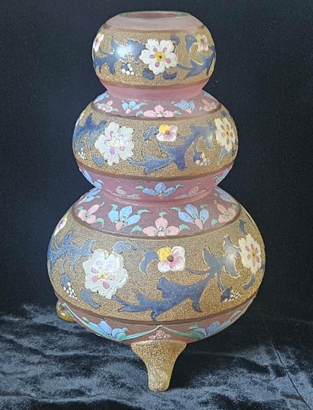 Antique Bohemian Glass Vase Pale Pink with Enamel Floral Design Flowers Rare 22cm Tall 1kg 35grams