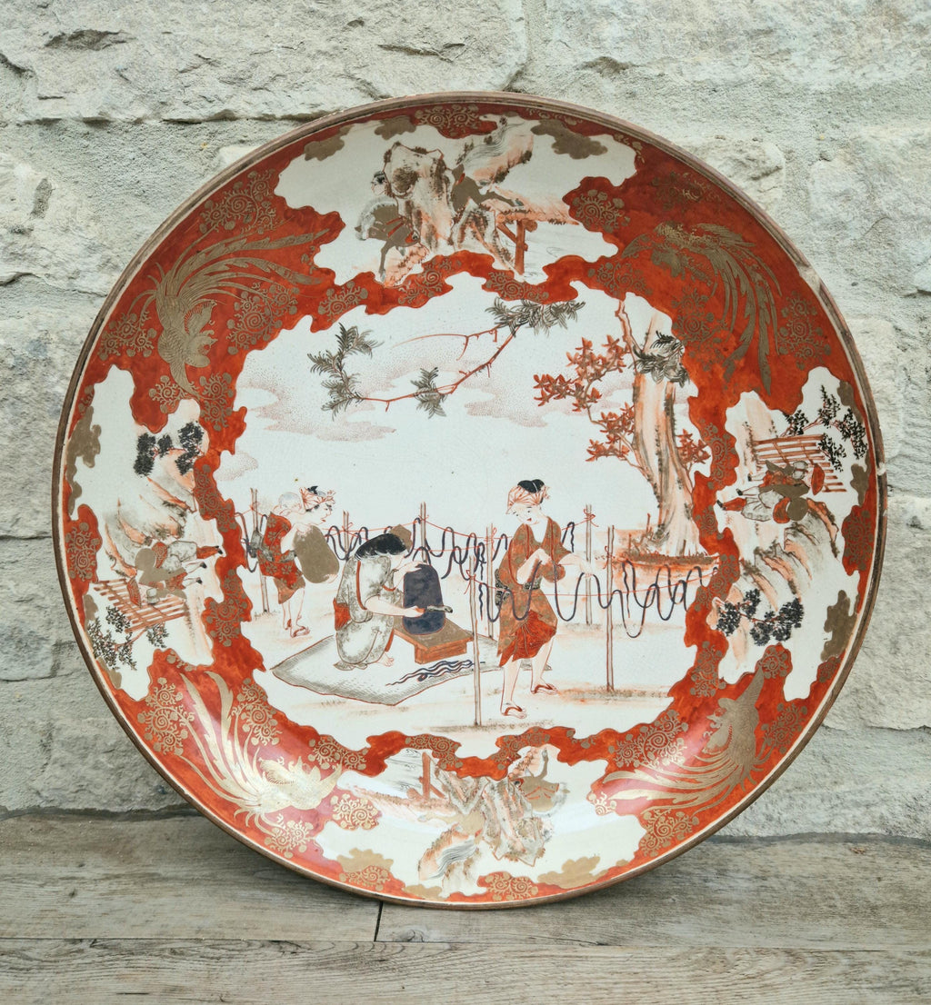 Antique Japanese Kutani Ware Meiji Period Porcelain Large Charger Iron Red Glaze With Gilt Accents 38cm