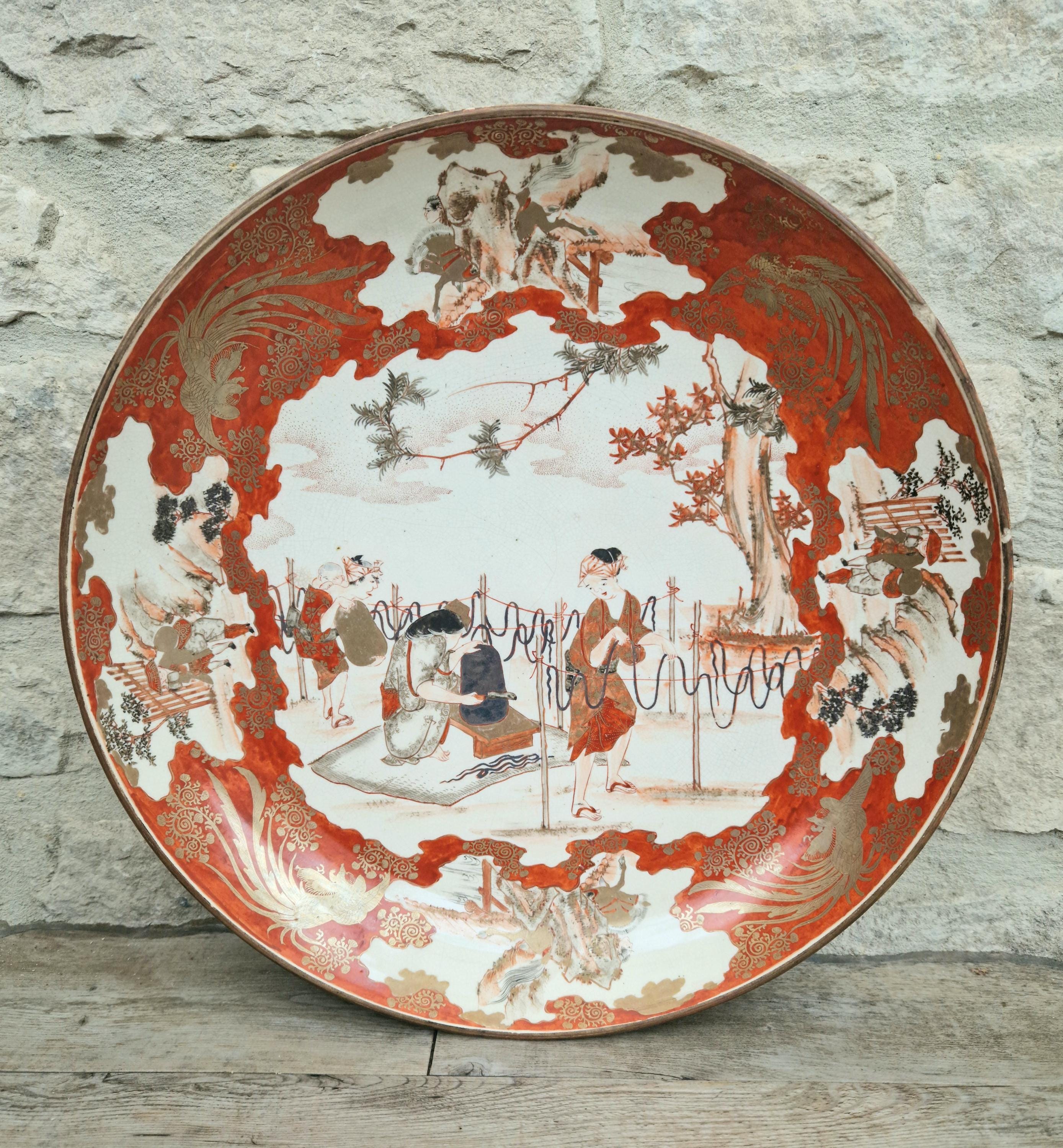 Antique Japanese Kutani Ware Meiji Period Porcelain Large Charger Iron Red Glaze With Gilt Accents 38cm