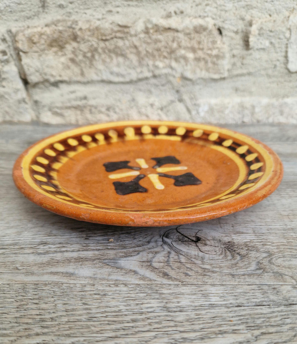 Vintage French Rustic BIOT Ceramic Double Cross Motif Dessert Plate