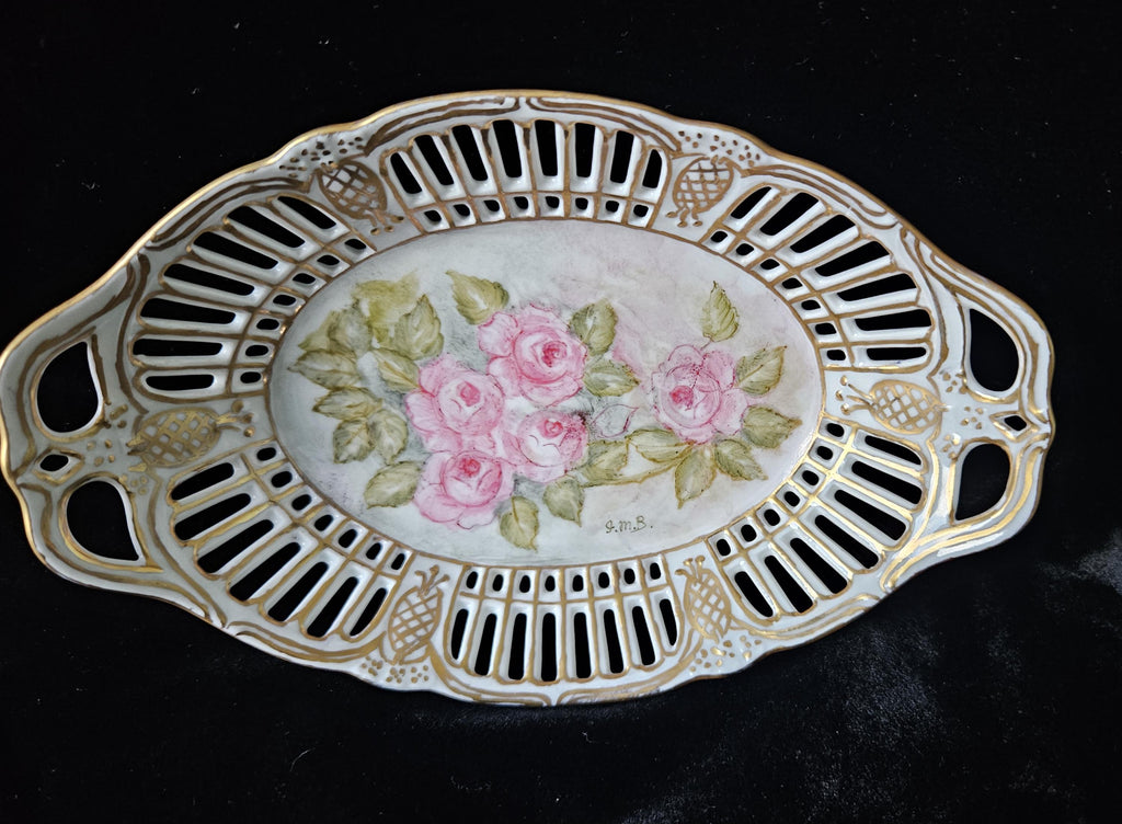 German Porcelain Lattice Dish Handpainted Roses Trinket Dish Vintage