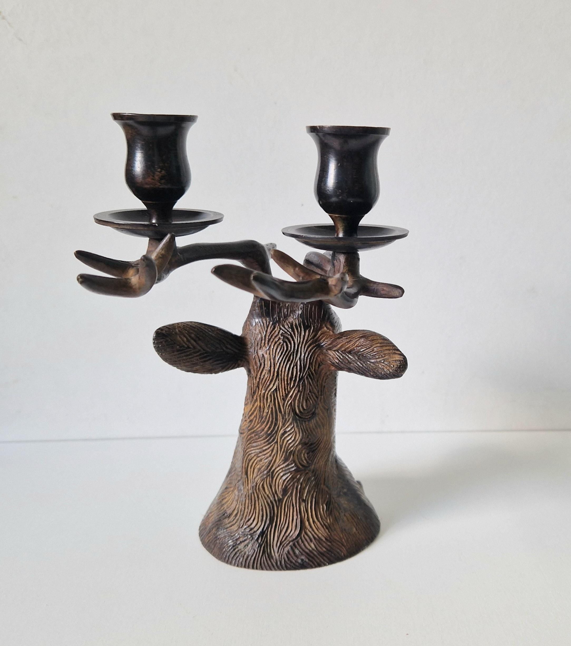 Vintage Patinated Bronze Stag Head Double Candle Holder