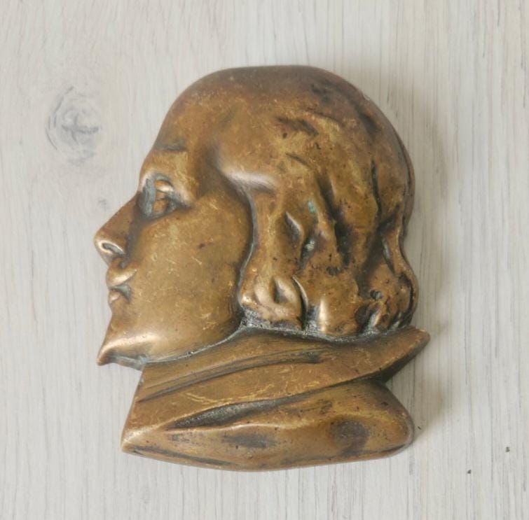 Antique Bronze William Shakespeare Portrait Wall Plaque 10cm X 8cm Heavy Rare