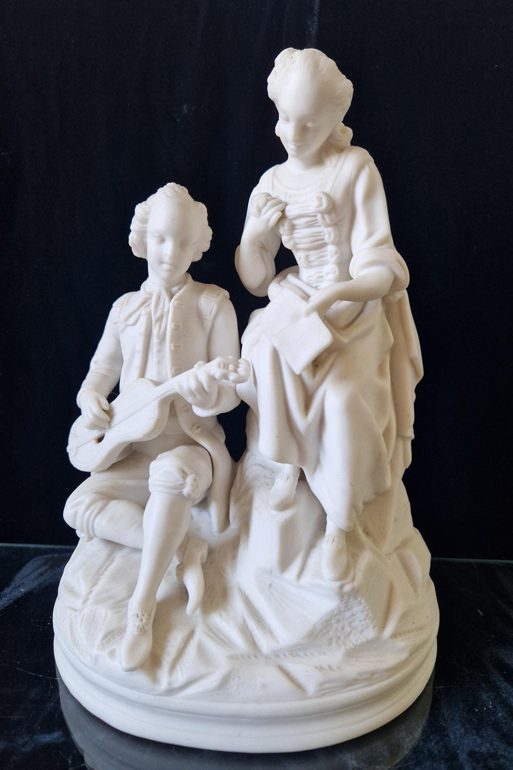 Antique Parian Ware Figural Group Young Lovers With Guitar & Music Book On Plinth