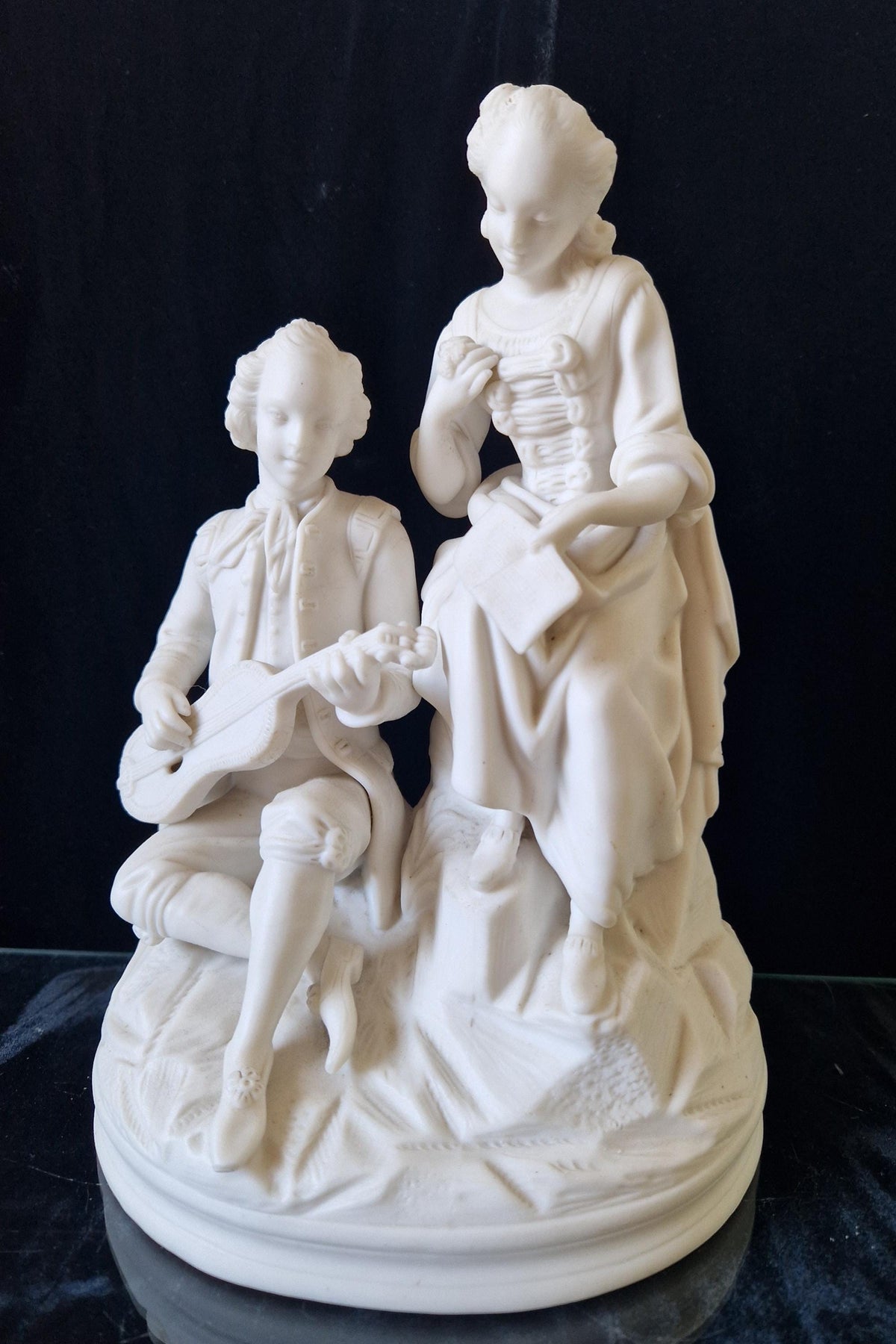 Antique Parian Ware Figural Group Young Lovers With Guitar & Music Book On Plinth