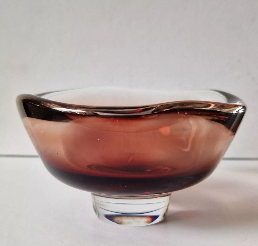 Sven Palmqvist for Orrefors Glass Bowl Red Fade Cased Glass 1950's Footed Dish Rare