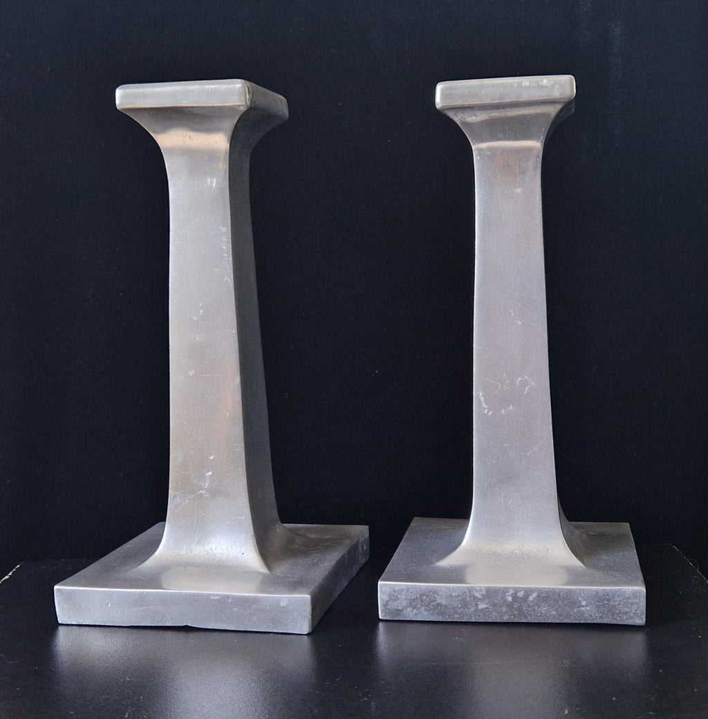 Pair of Solid Cast Aluminium Arts & Crafts Geometric Column Candlestick Holders