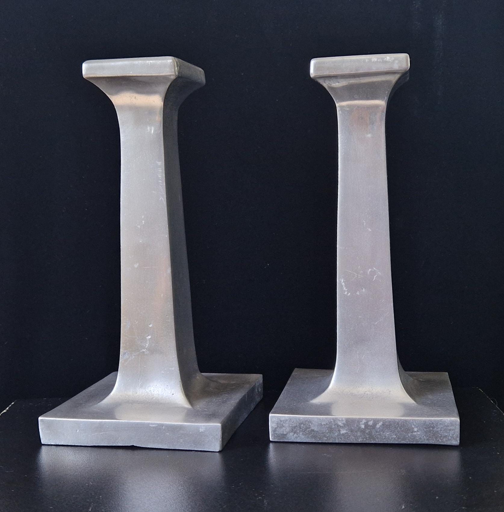 Pair of Solid Cast Aluminium Arts & Crafts Geometric Column Candlestick Holders