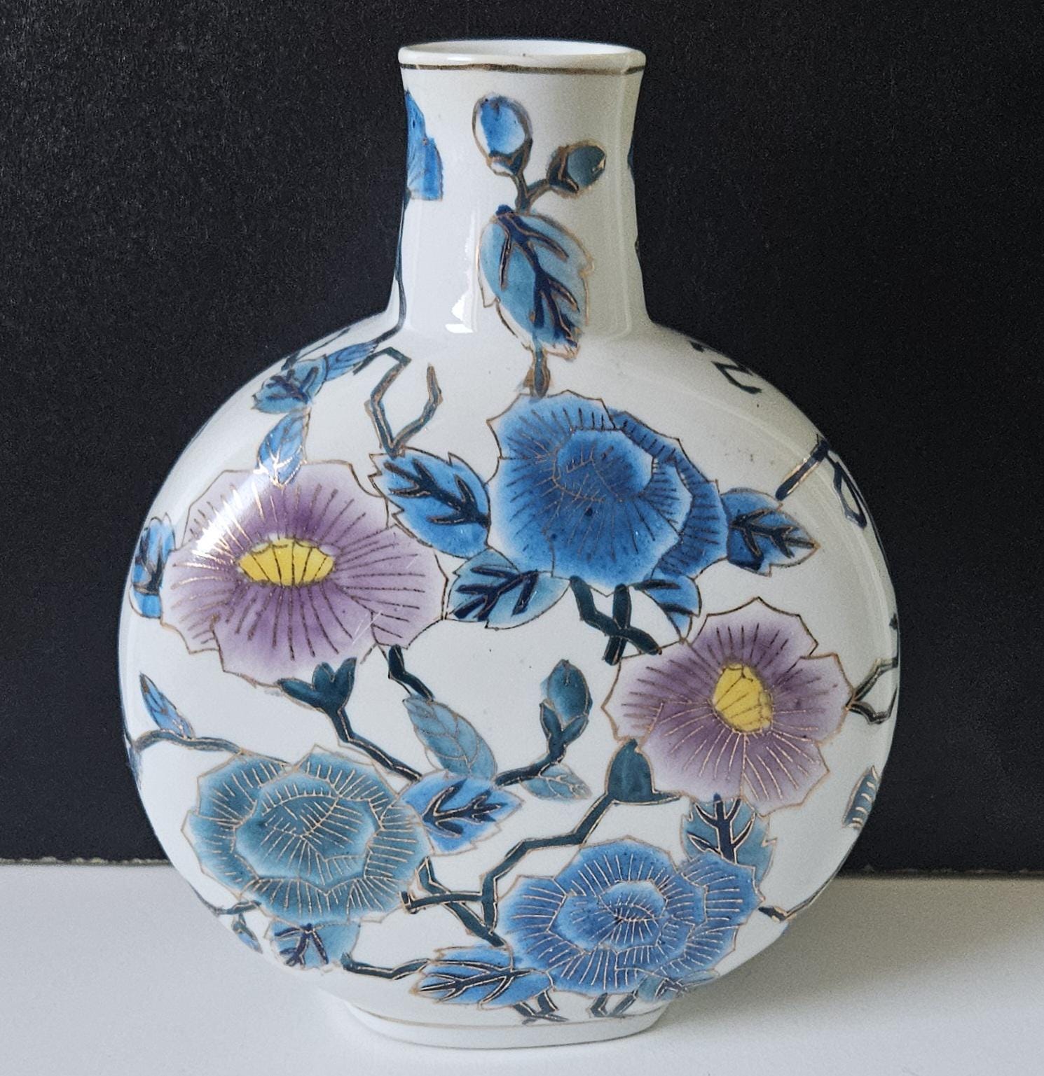 Vintage Asian Moon Flask Vase Blue lilac Blossom Gold Accents 20cm Tall