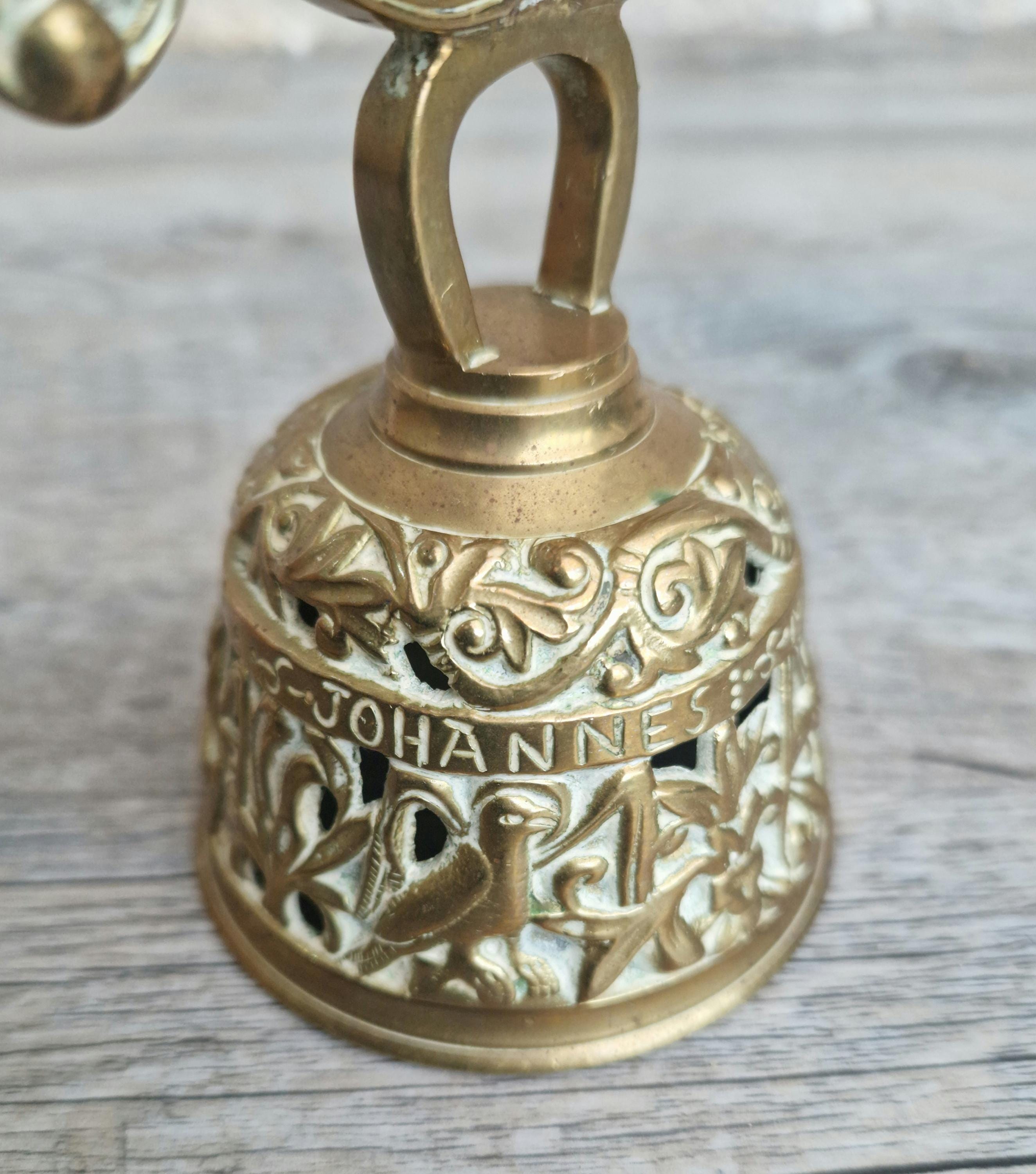 Brass Altar Bell Double Candle Holder With Pierced-Work Four Evangelists Names Antique