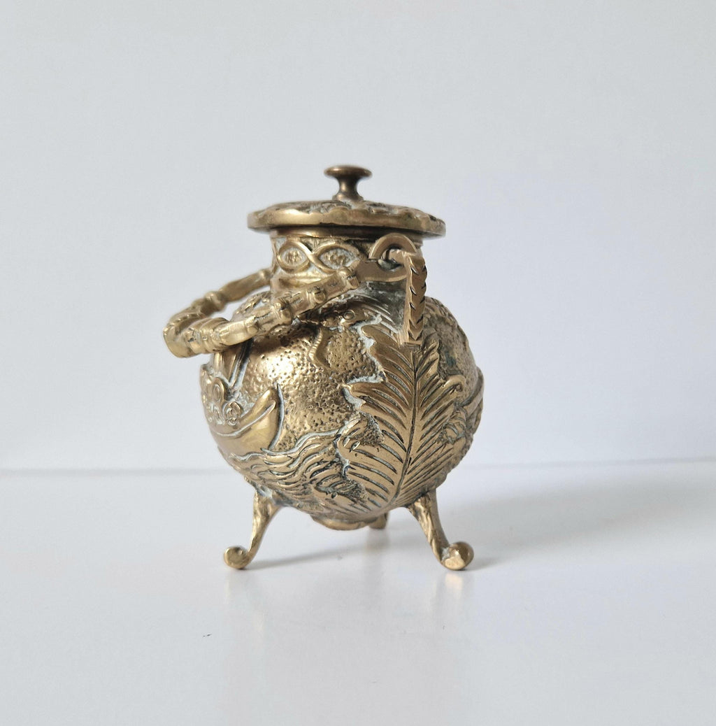 Antique Solid Brass Ornate Tri-Footed Cauldron With Handle Trinket Box