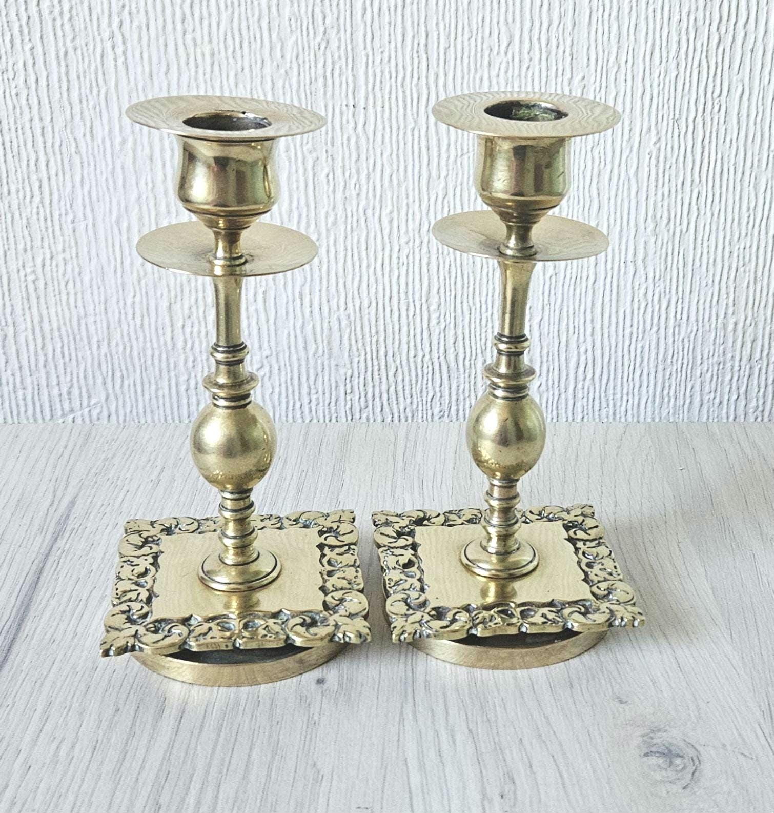 Vintage Small Ornate Brass Candlesticks Matching Pair of Gold Brass Heavy Quality 14cm Tall