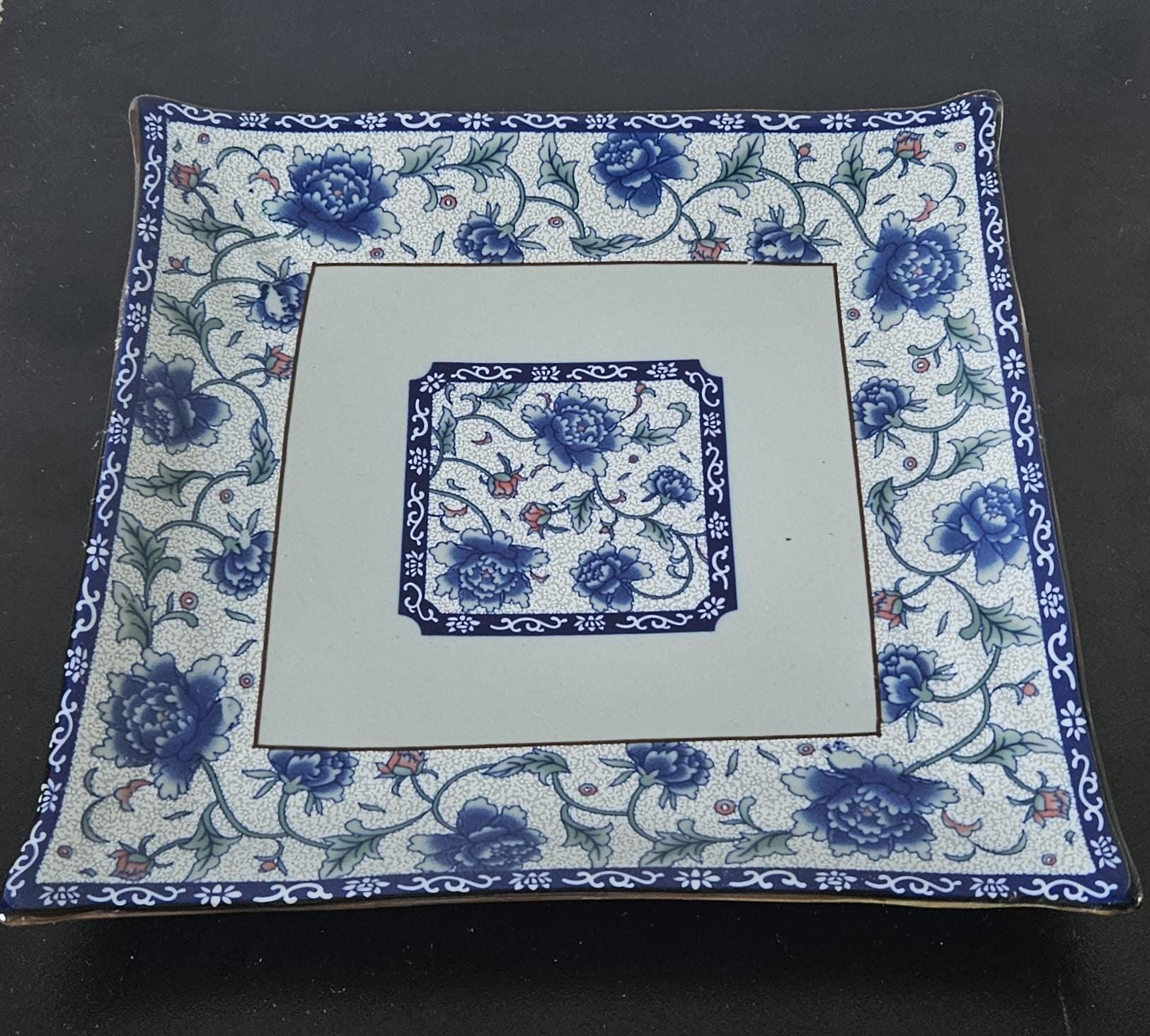 Vintage Oriental Porcelain Decorative Square Plate Blue and White Celadon Green Floral Pattern 20cm X 20cm