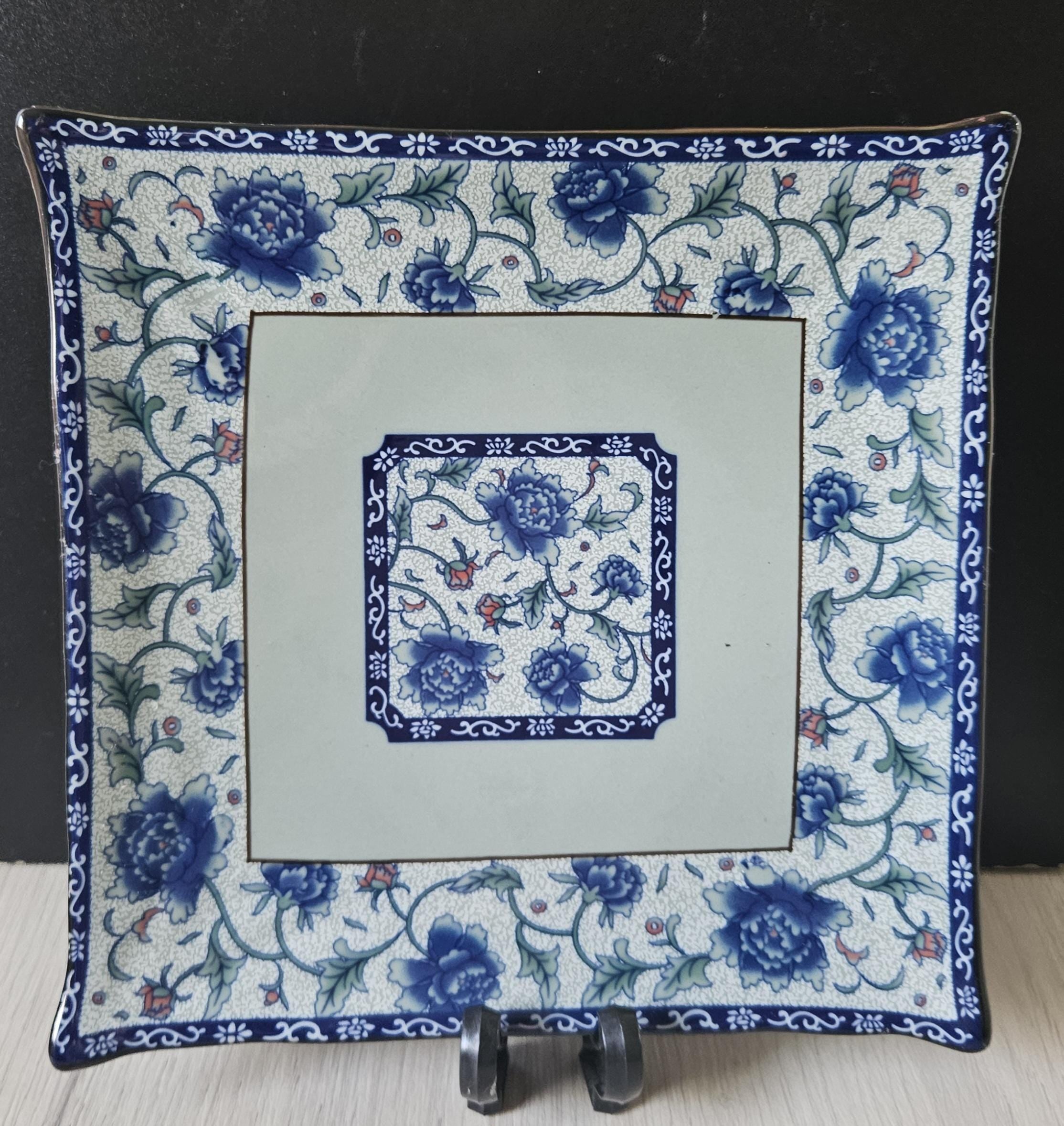 Vintage Oriental Porcelain Decorative Square Plate Blue and White Celadon Green Floral Pattern 20cm X 20cm