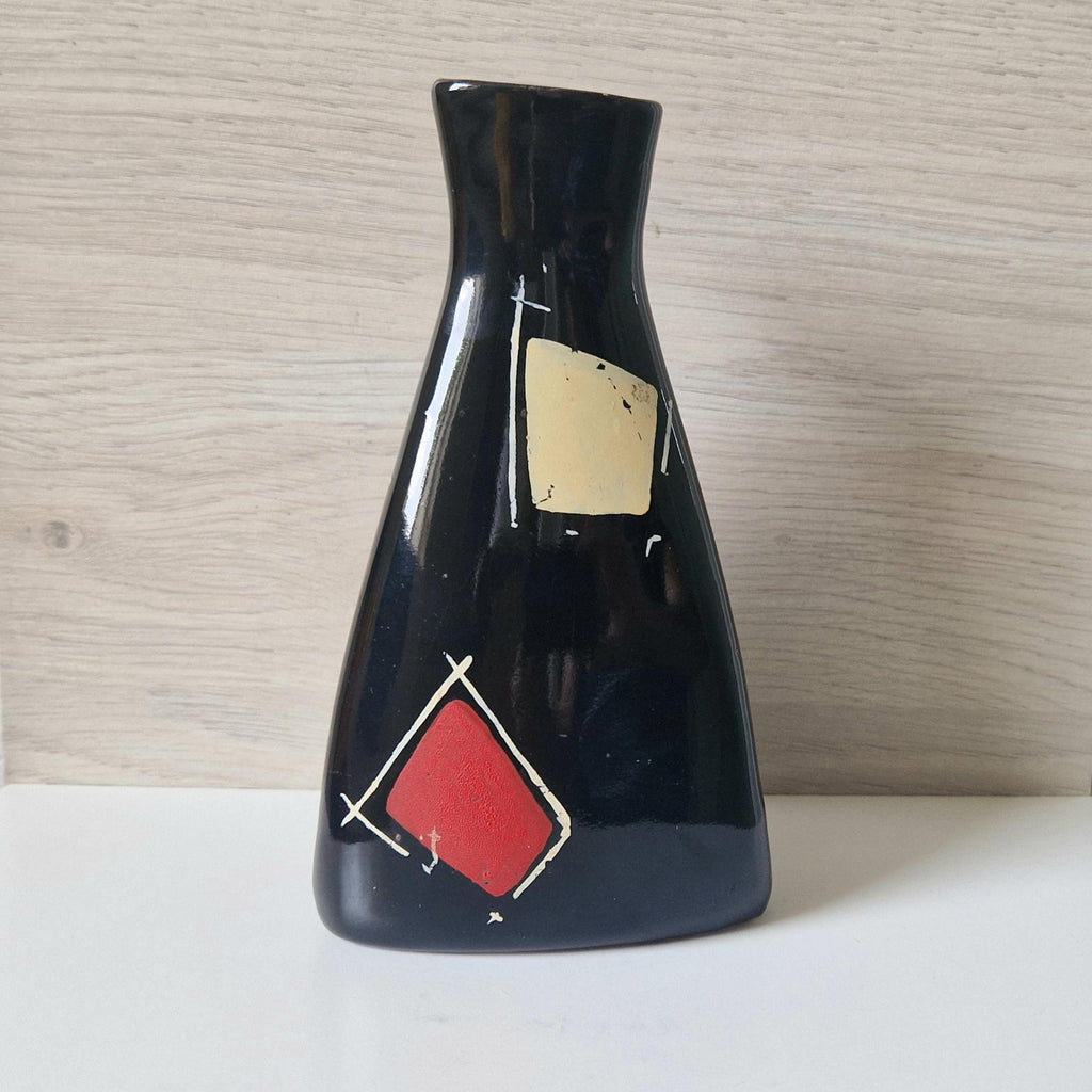 Mid Century West German Handpainted Tri-Form Abstract Black Ceramic Vase 18cm