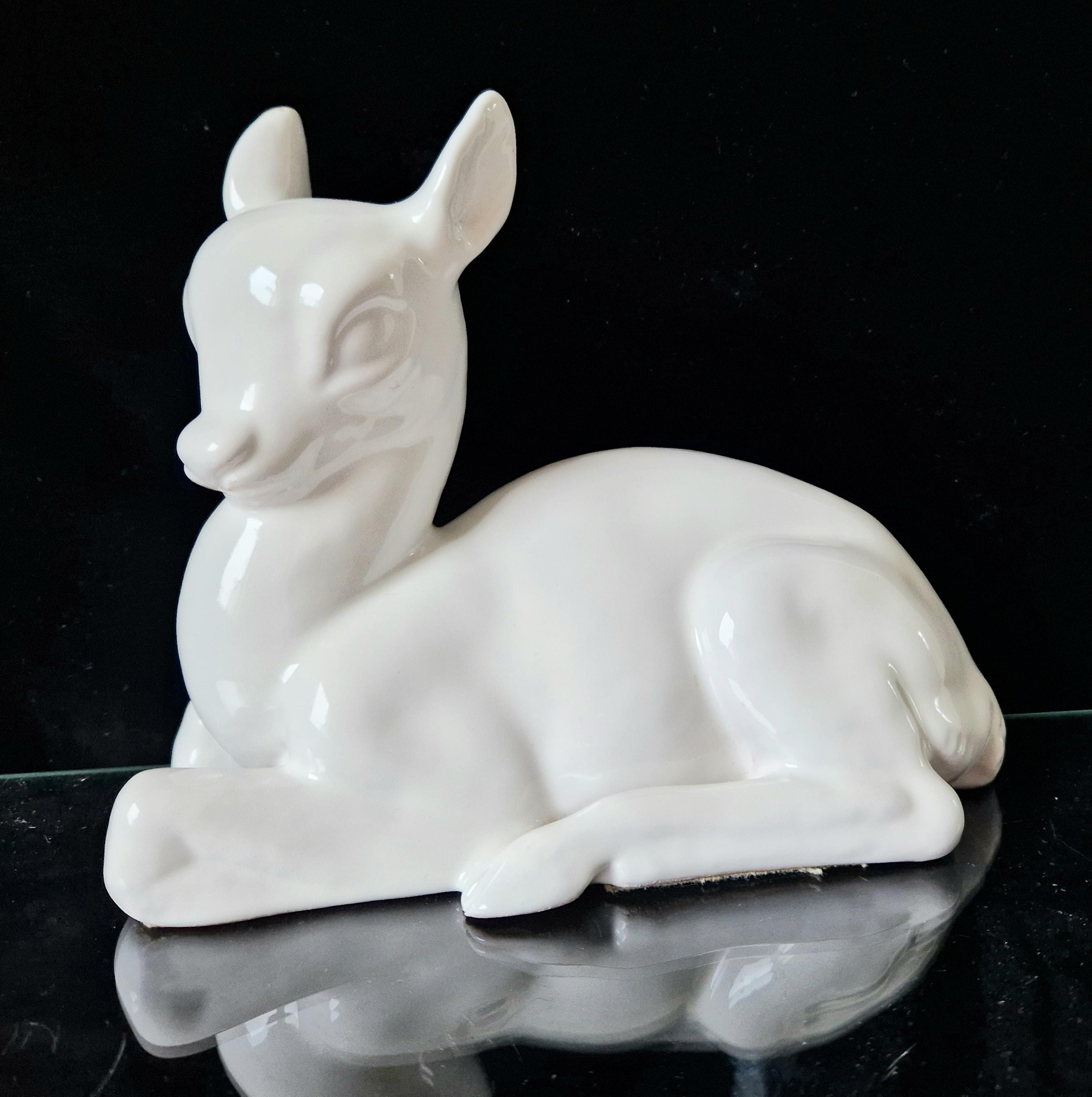 Vintage Cantagalli White Italian Ceramic Faience Recumbant Fawn Deer Figure Ornament 20cm.