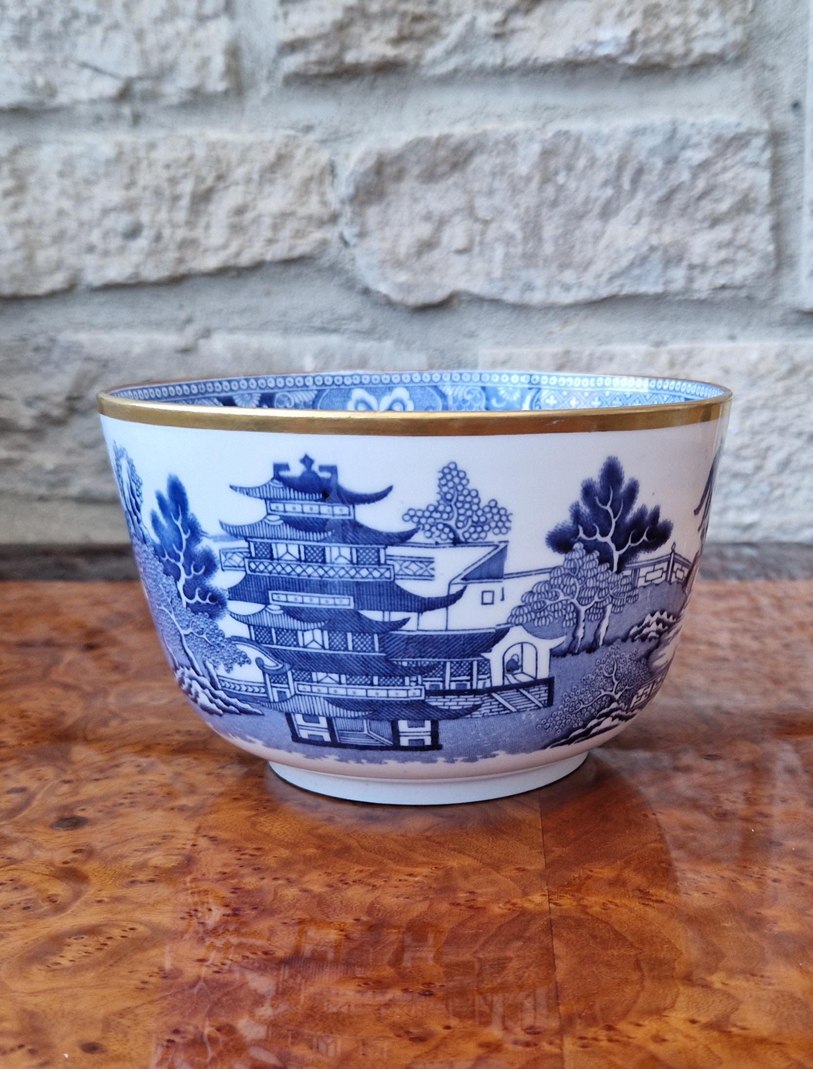 Davenport Longport England Blue & White Gilt Two Temples Porcelain Slop Bowl c.1870-1886