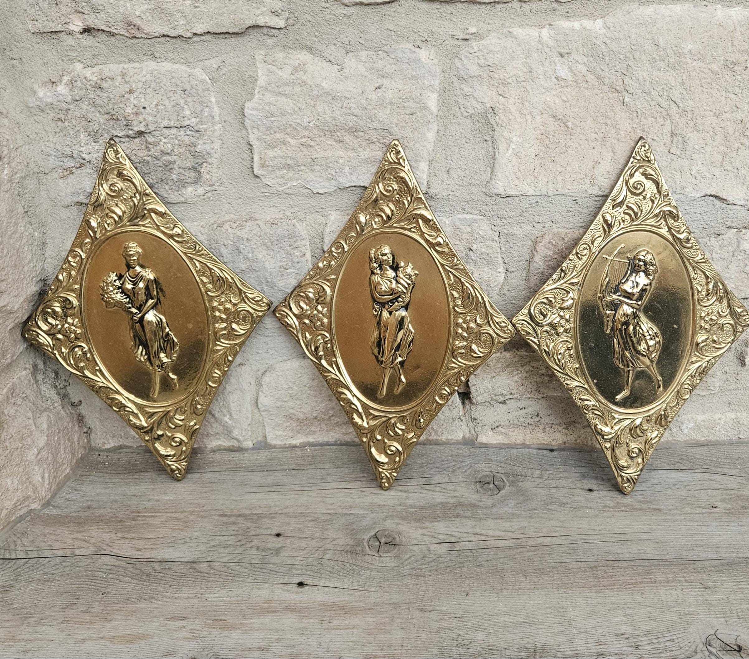 Vintage Set of 3 Brass Wall Decor, Diamond Shaped Repousse Women Brass Wall Plaques, Elpec Made in England Hollywood Regency