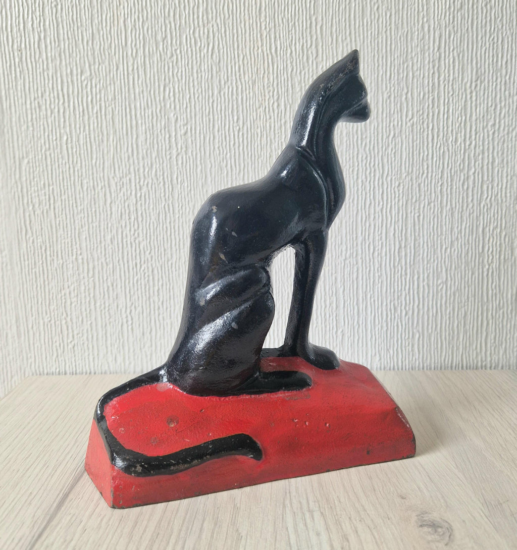 Antique Rare Cast Iron Art Deco Black Sitting Cat Doorstop