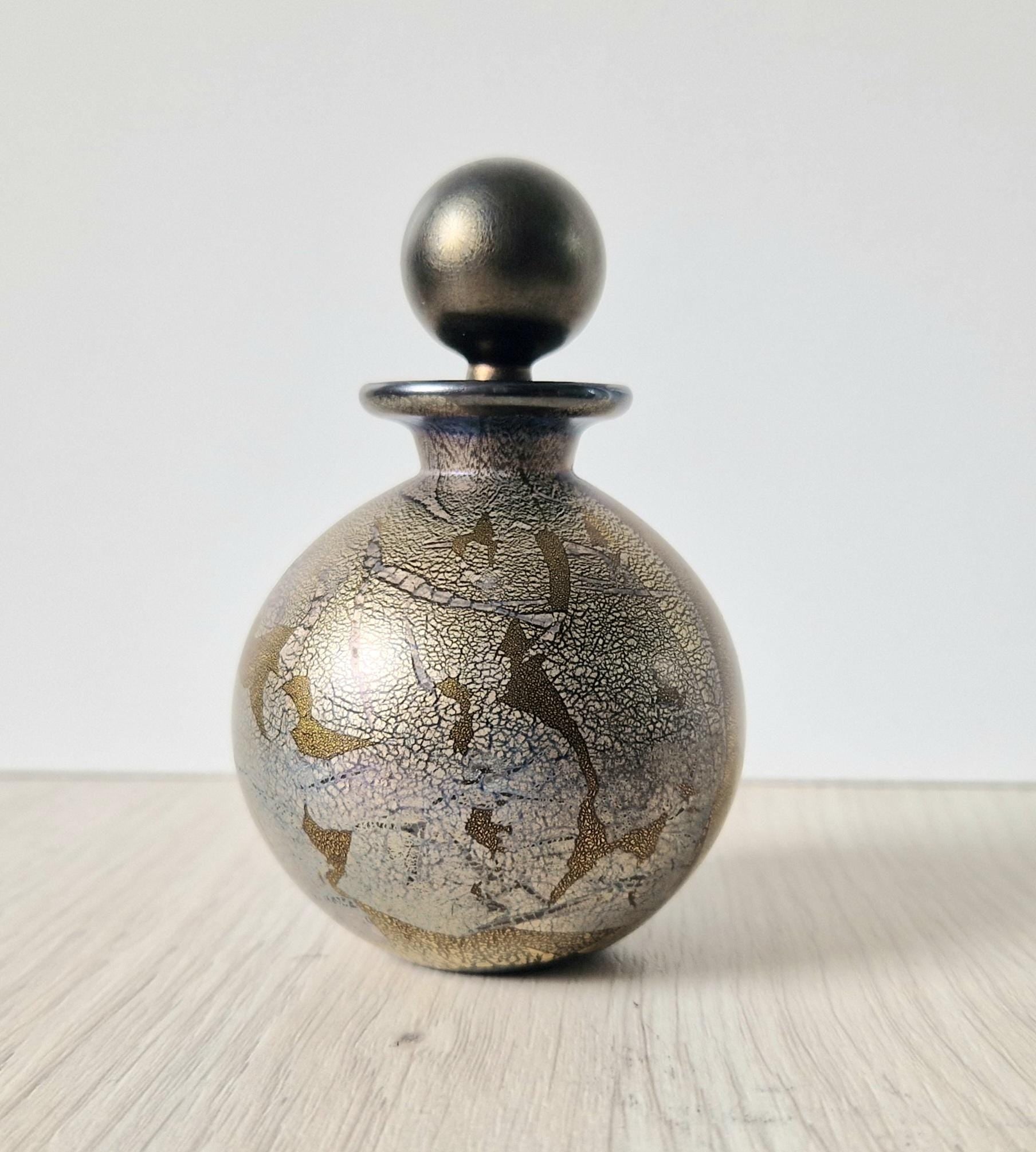 Isle of Wight Art Glass Perfume Bottle: Black Azurene Iridescent, Michael Harris 1970s England