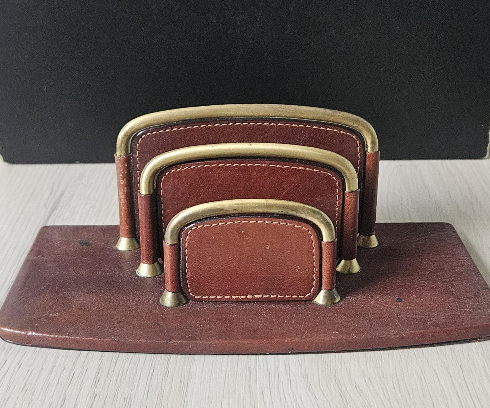 Vintage TONY PEROTTI Italian Leather Letter Rack Chestnut Brown Leather *Some Marks