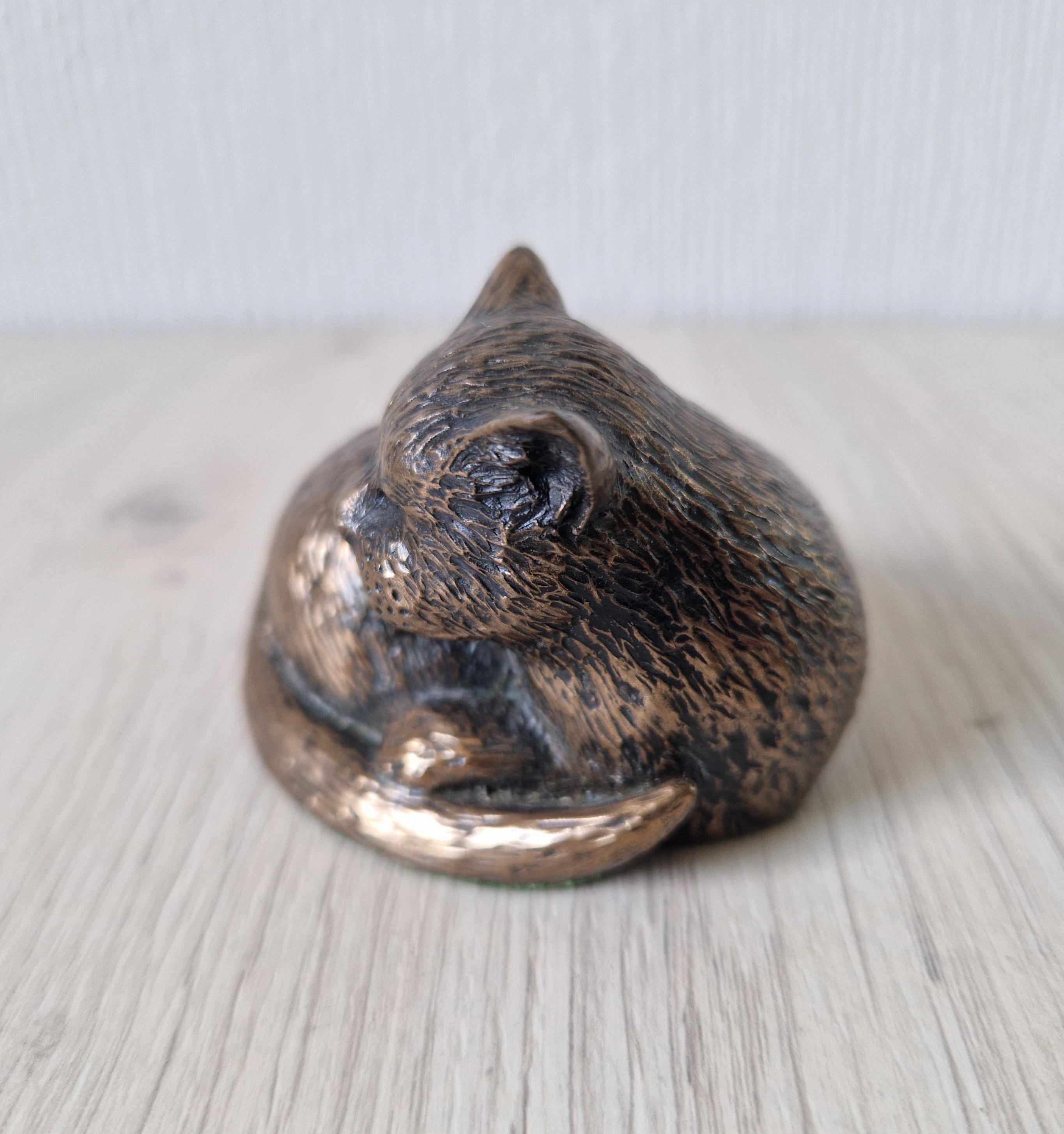 Vintage Cold Cast Bronze Resin Curled Licking Cat Figure Ornament