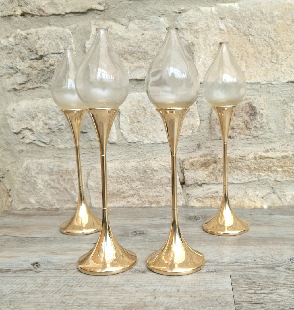 Vintage 4 x Large Brass Freddie Andersen Clear Drop Oil Lamps Germany 1970