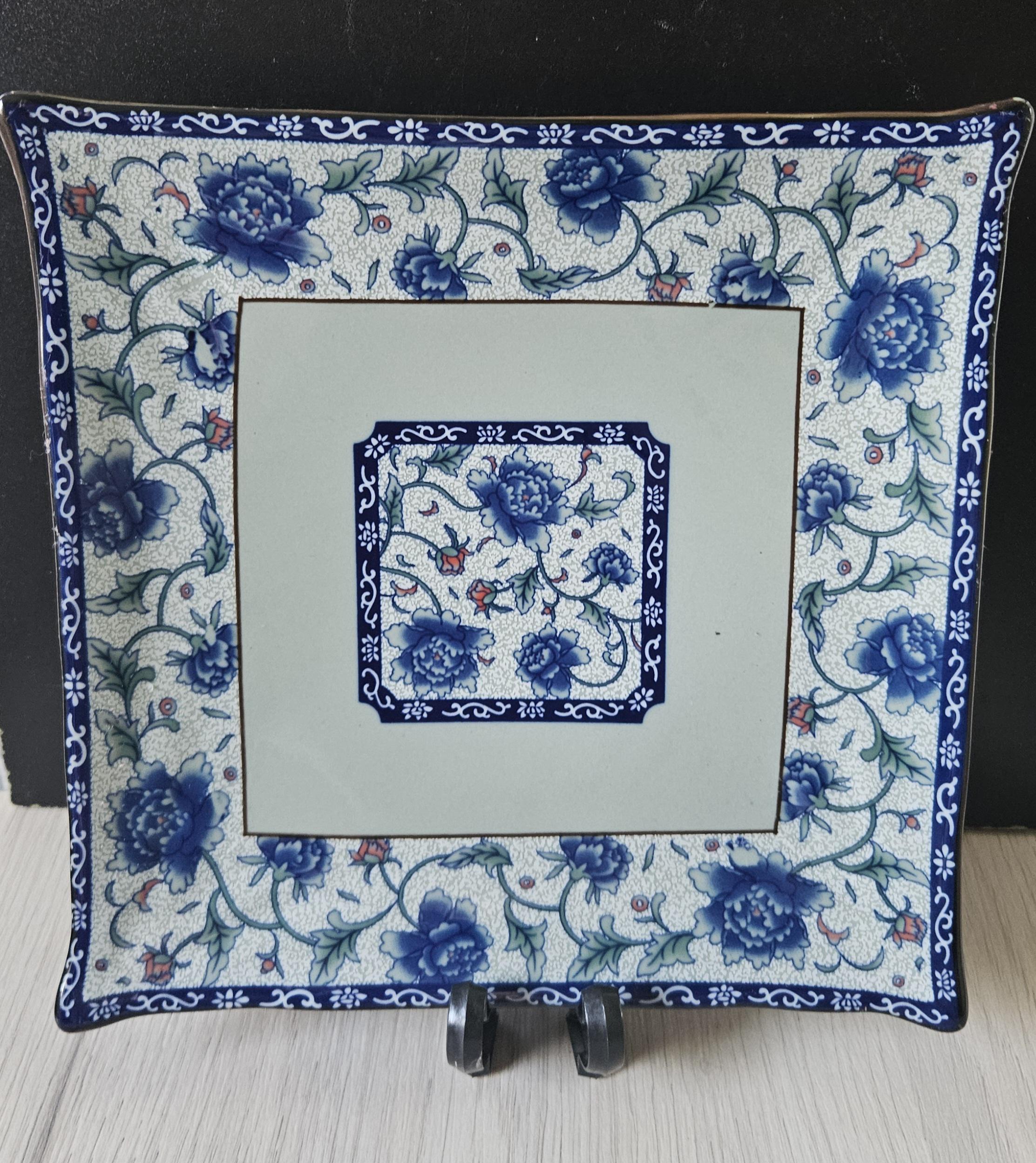 Vintage Oriental Porcelain Decorative Square Plate Blue and White Celadon Green Floral Pattern 20cm X 20cm