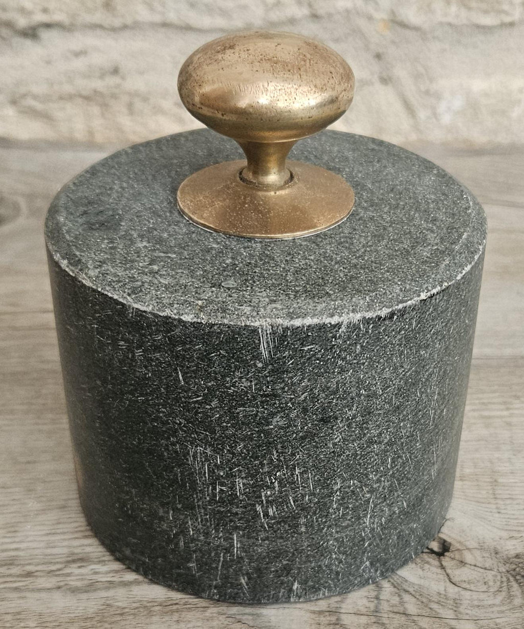 Original Mcm Green Stone Door Stop with Brass Handle Rustic Midcentury Circular Doorstop