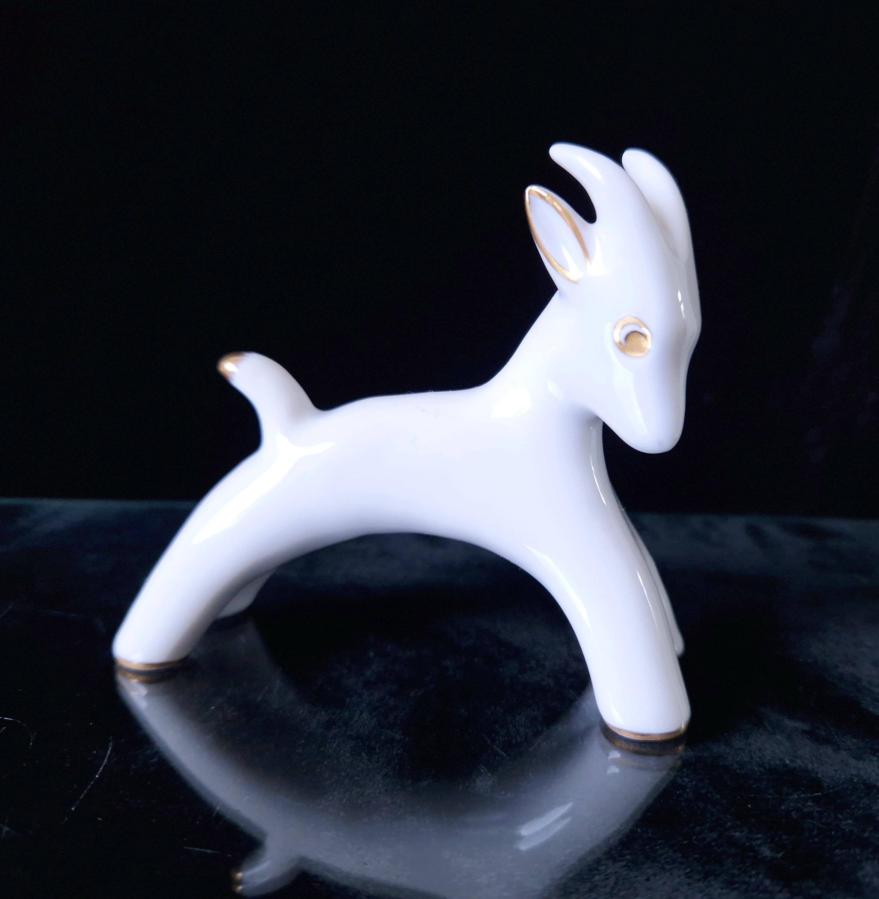 Vintage Fein Bayreuth Sophienthal Germany White & Gold Ram Figurine Abstract Pattern Rare