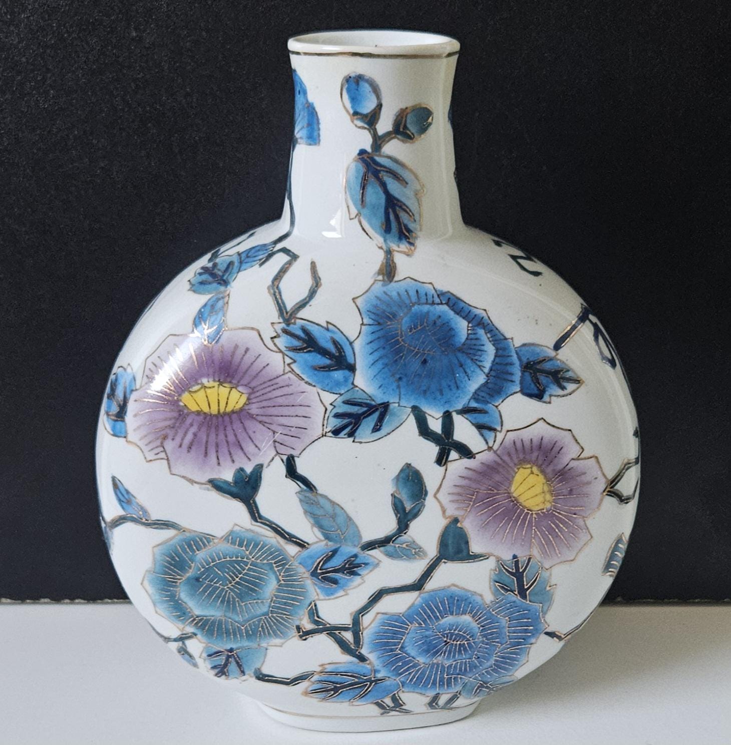 Vintage Asian Moon Flask Vase Blue lilac Blossom Gold Accents 20cm Tall