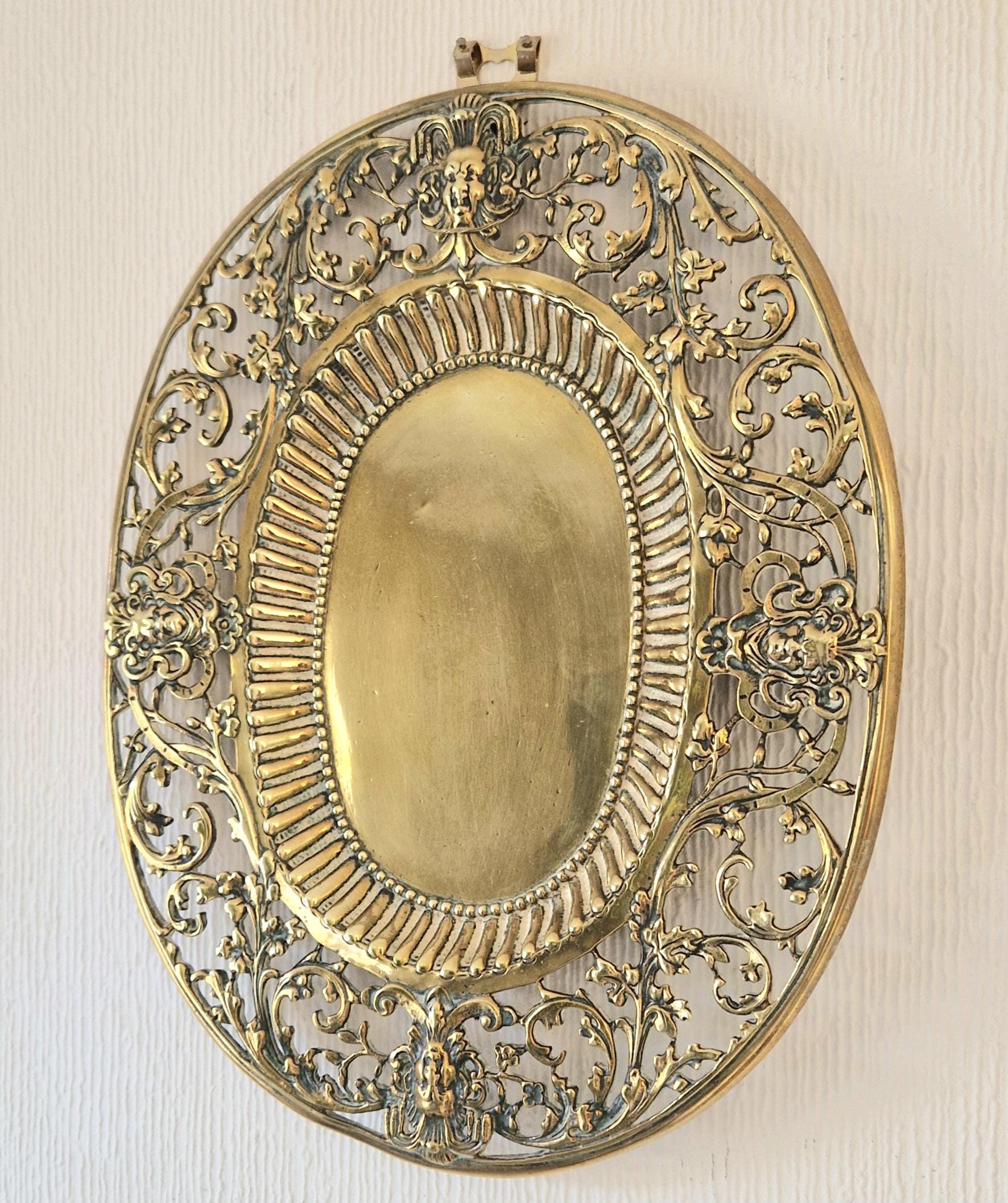 Antique Ornate Heavy Cast Brass Pierced Work Beaded & Ribbed Oval Baroque Card Platter Plate